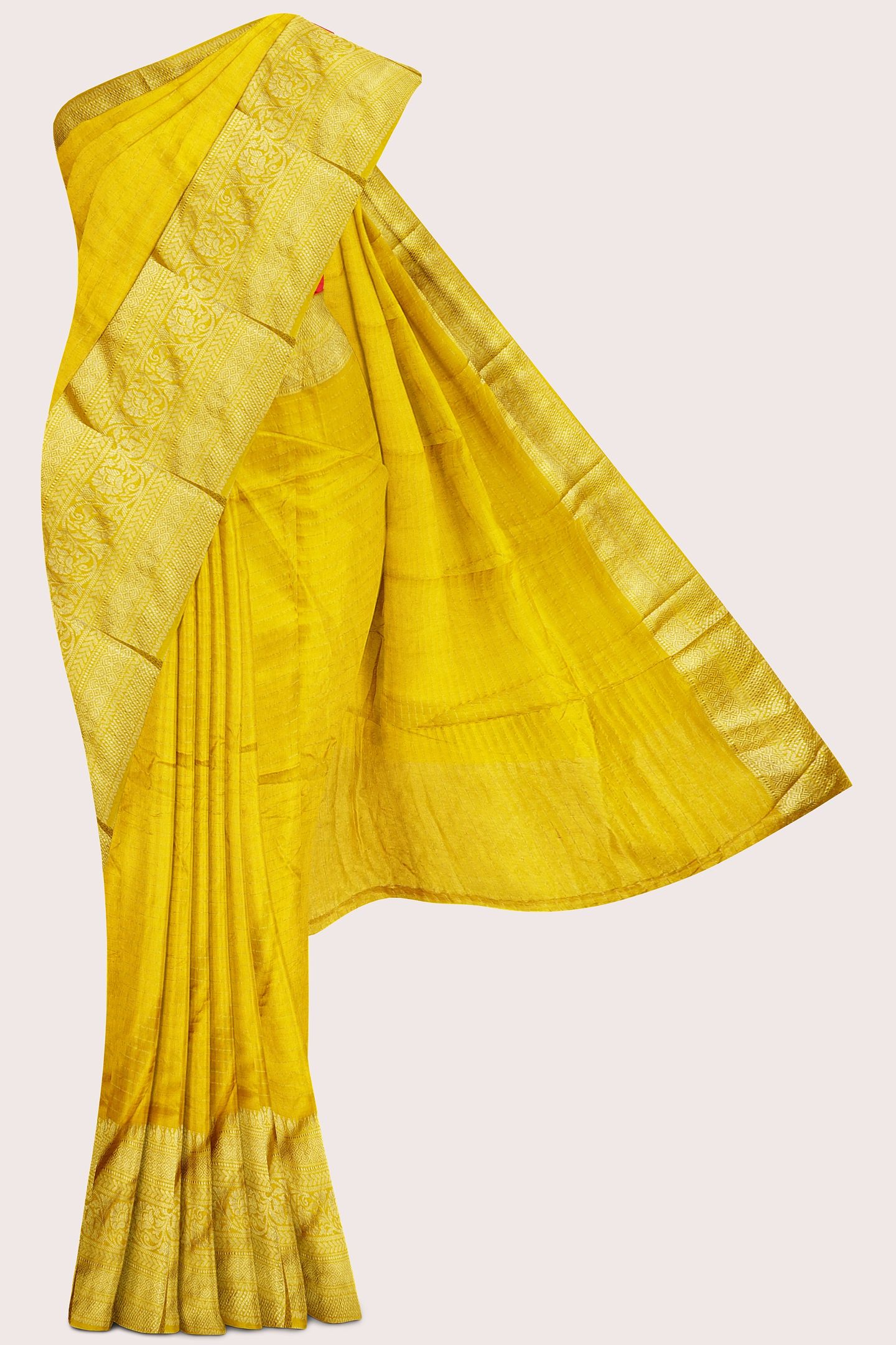 Viscose Chinon Georgette Doriya Lines Mustard Yellow With Red Saree