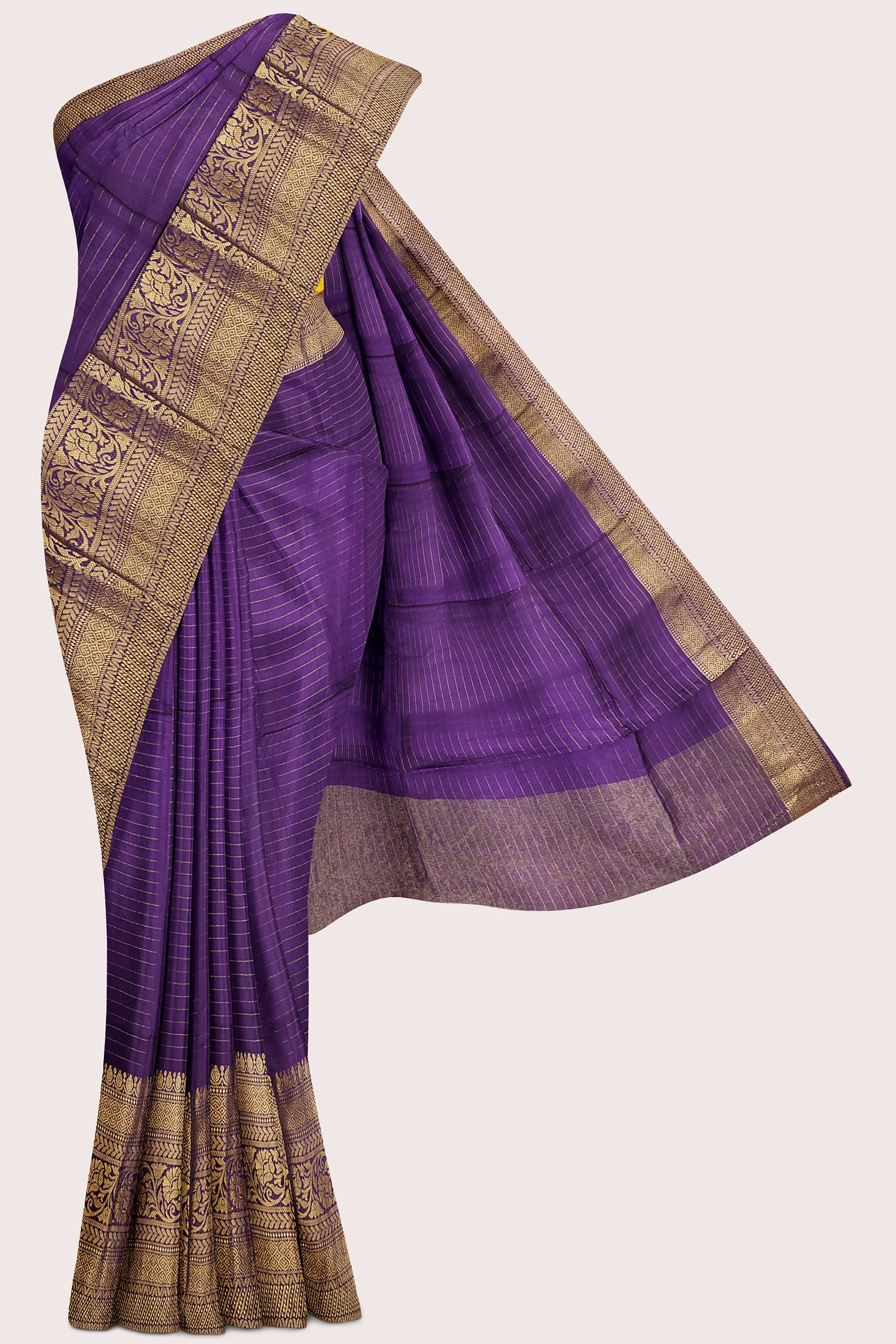 Viscose Chinon Georgette Doriya Lines Dark Purple With Mustard Yellow Saree