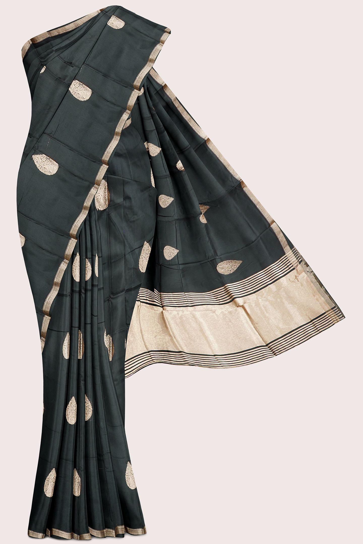 Italian Crepe Silk Zari Weaving Butta Black Saree