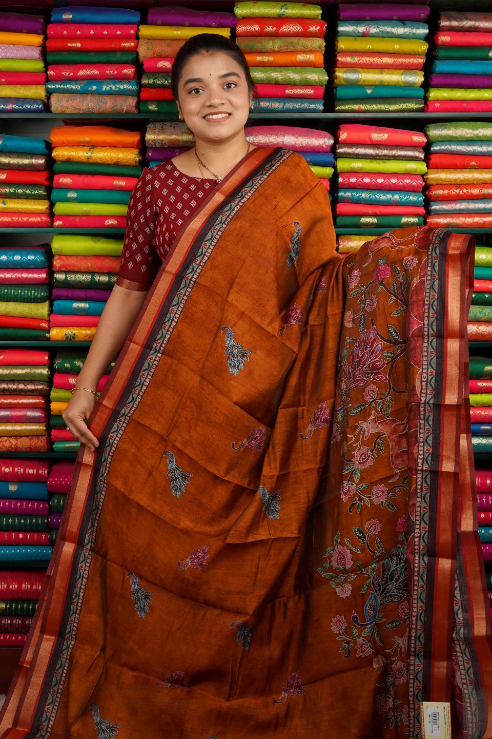 Soft Mangalagiri Silk Kalamkari Print Brick Orange And Maroon Saree