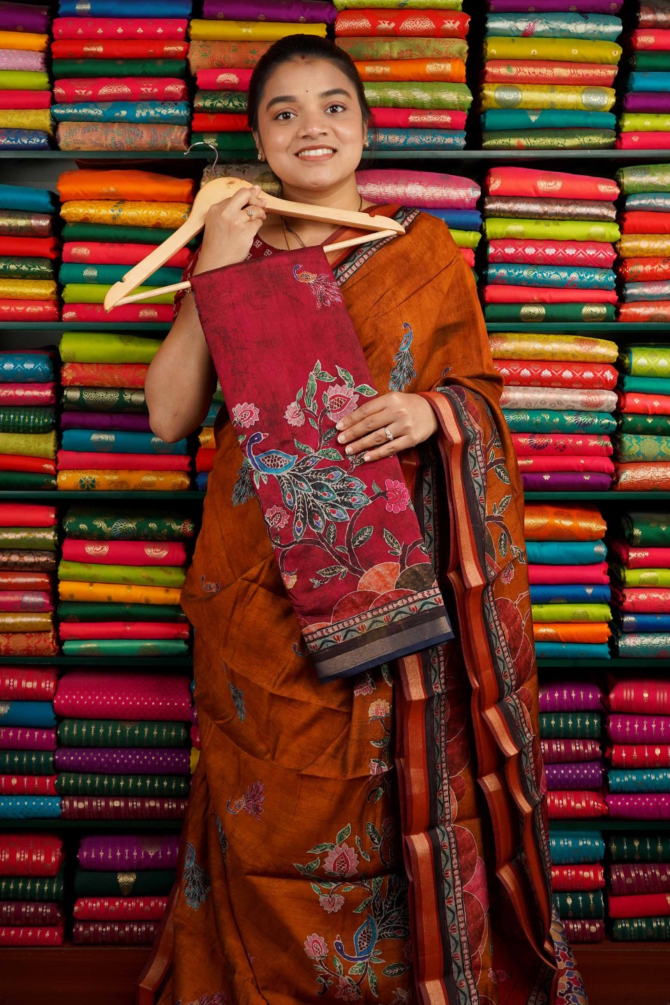 Soft Mangalagiri Silk Kalamkari Print Pink And Dak Blue Saree