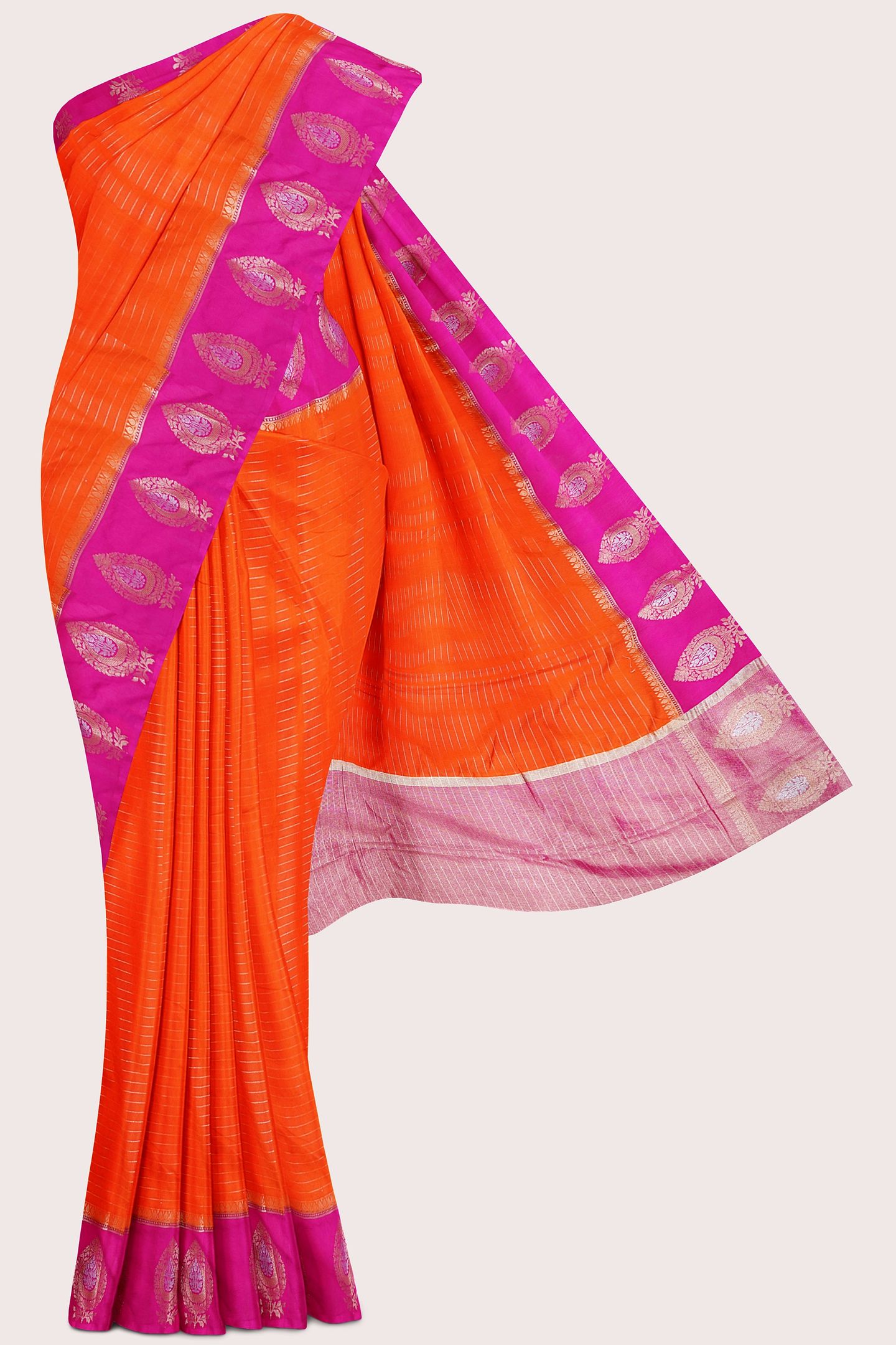 Soft Doriya Silk Gold Zari Weaving Lines Orange With Pink Saree