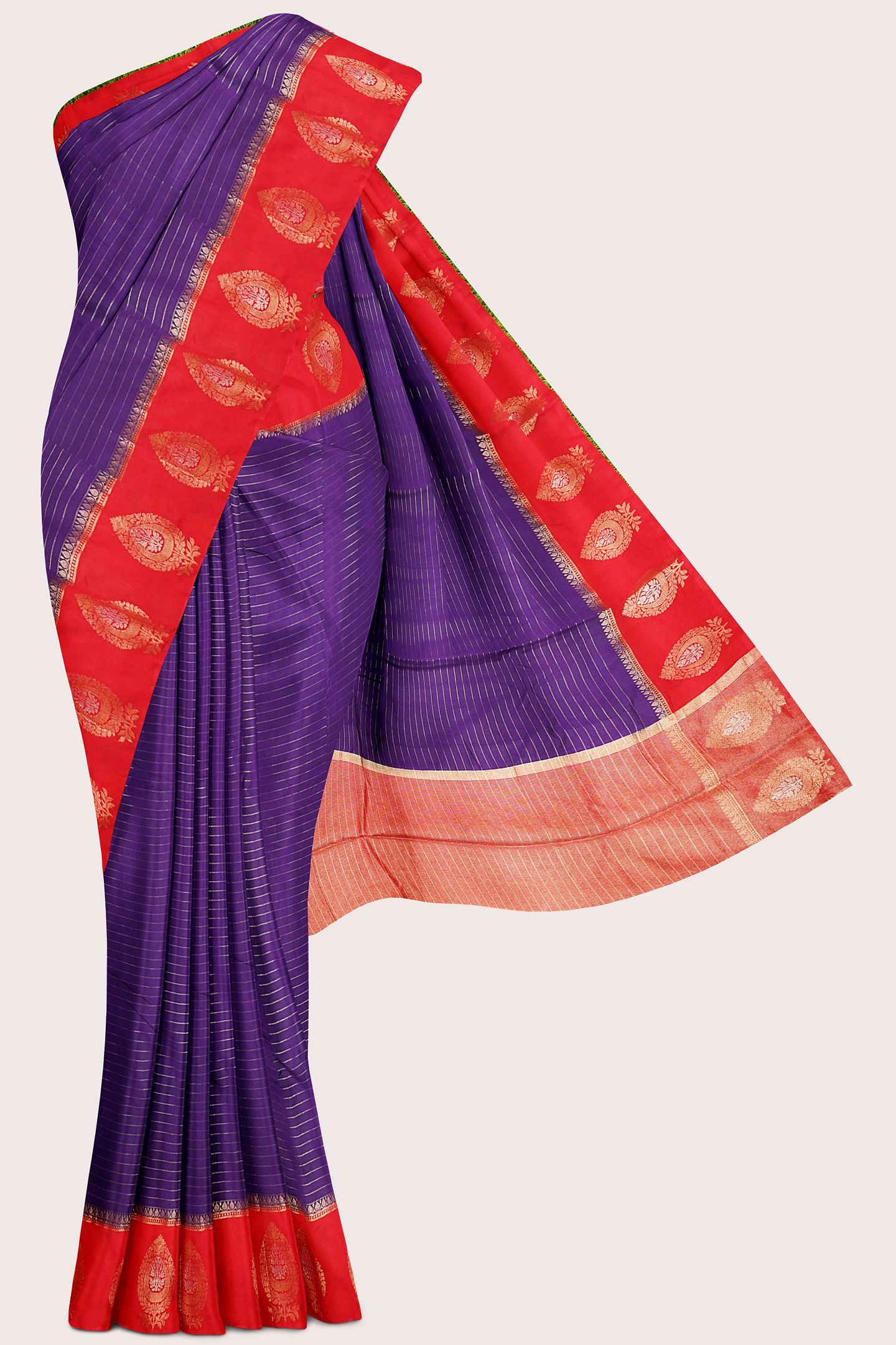 Soft Doriya Silk Gold Zari Weaving Lines Purple With Maroon Red Saree