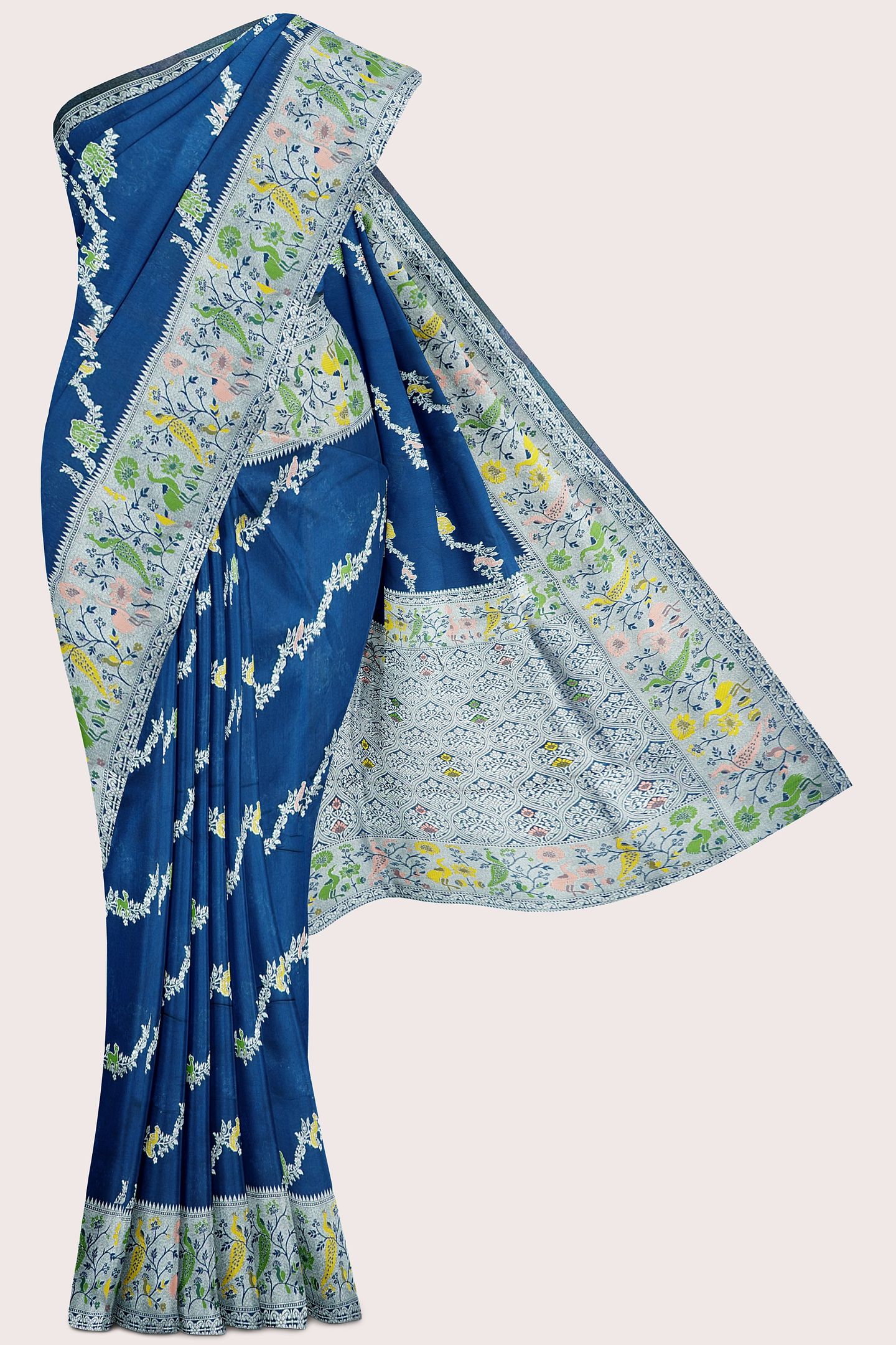 Fancy Silk Paithani Border And Leheriya Design Peacock Blue Saree