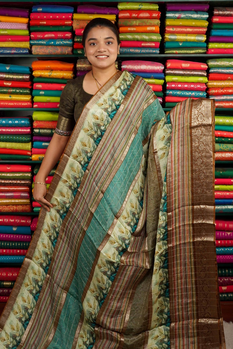 Crepe Dola Silk Digital Print Rama Green And Brown Mix Saree