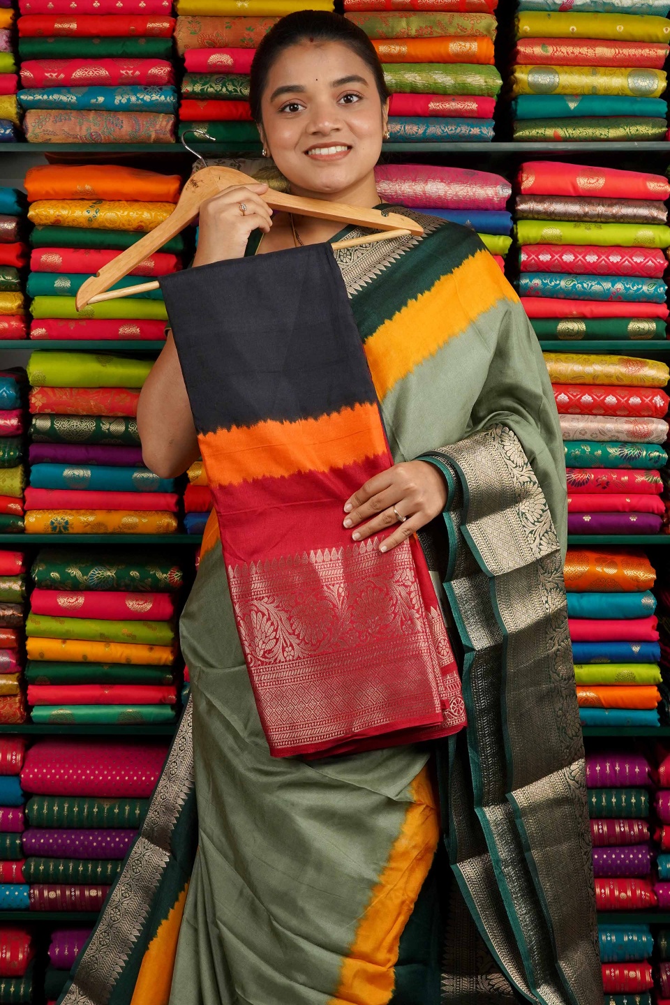 Semi Dola Silk Kanchi  Border Black And Yellow And Red Mix Saree