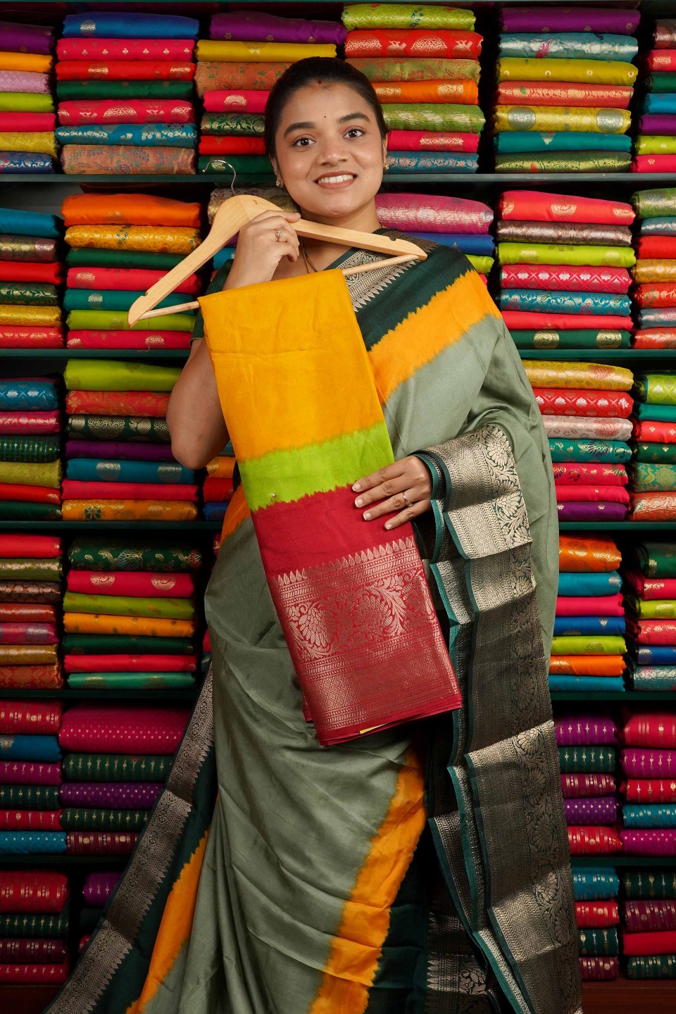 Semi Dola Silk Kanchi  Border Yellow And Green And Red Mix Saree