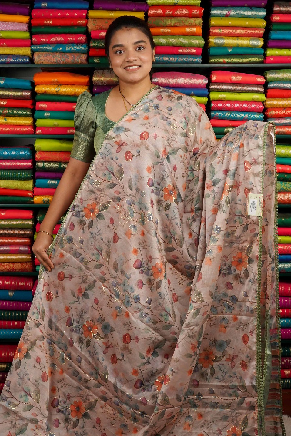 Chiffon Myka Print Pinkish Cream And Green Saree