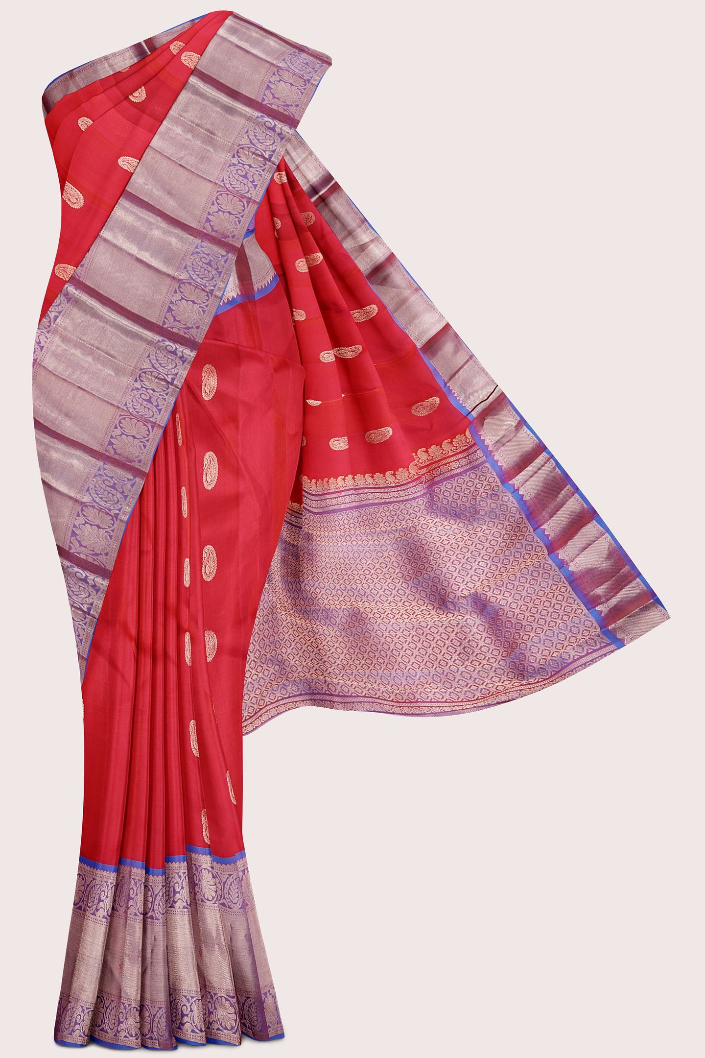 Light Weight Kanchi Pattu Pink With Coppersulphate Blue Saree