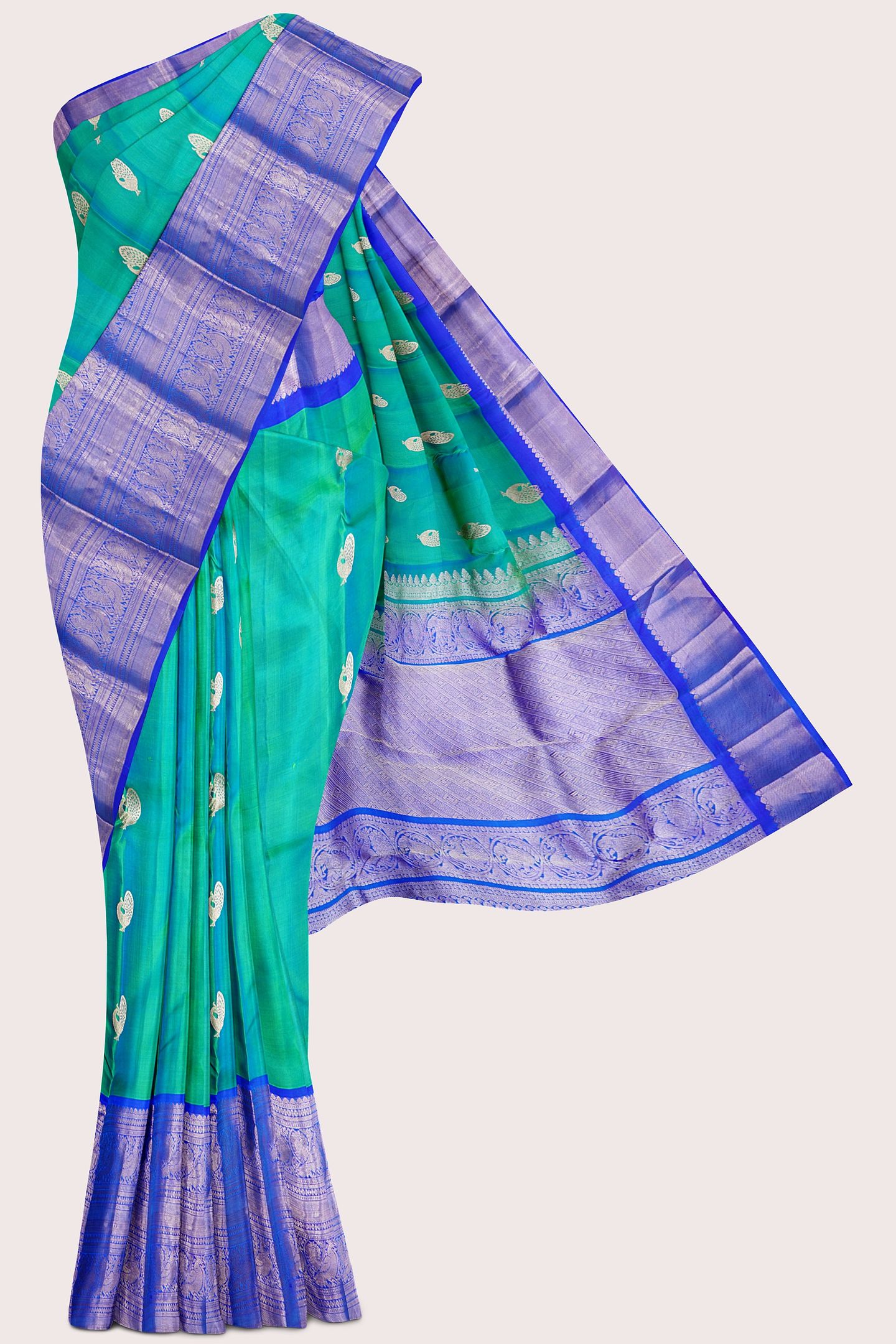 Light Weight Kanchi Pattu Rama Green With Royal Blue Saree