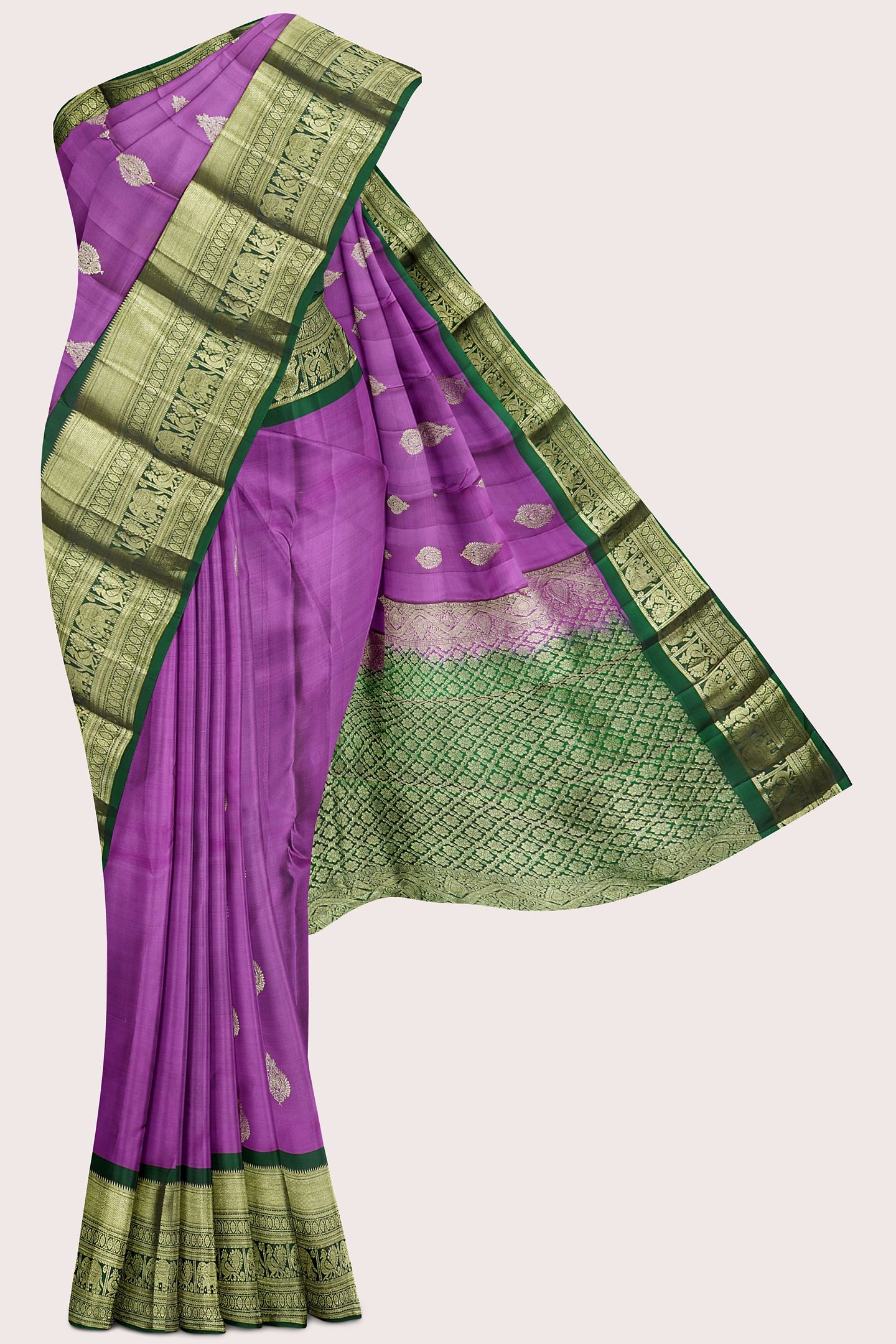Light Weight Kanchi Pattu Light Brinjal With Dark Green Saree