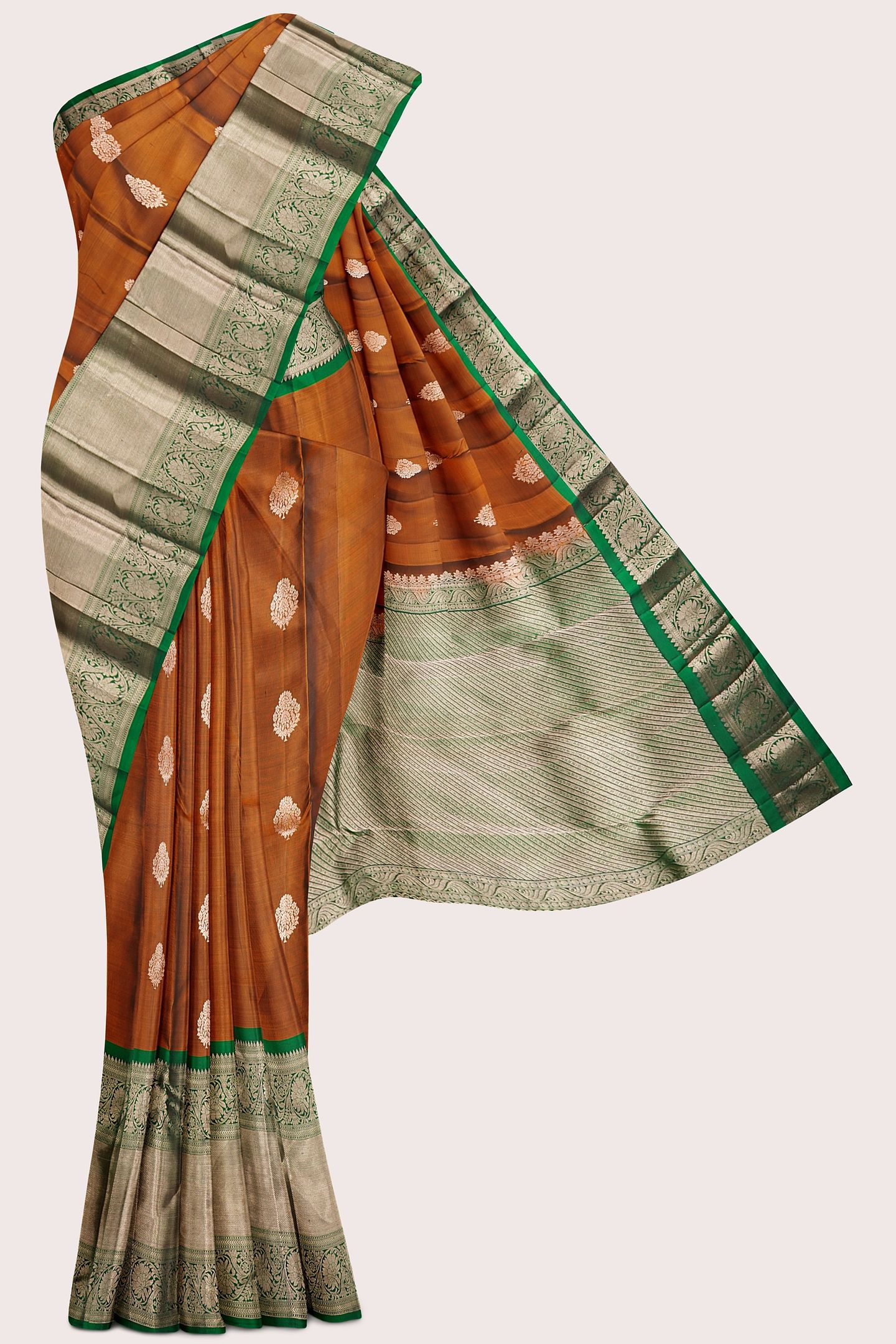 Light Weight Kanchi Pattu Maroon And Brown Mix With Green Saree