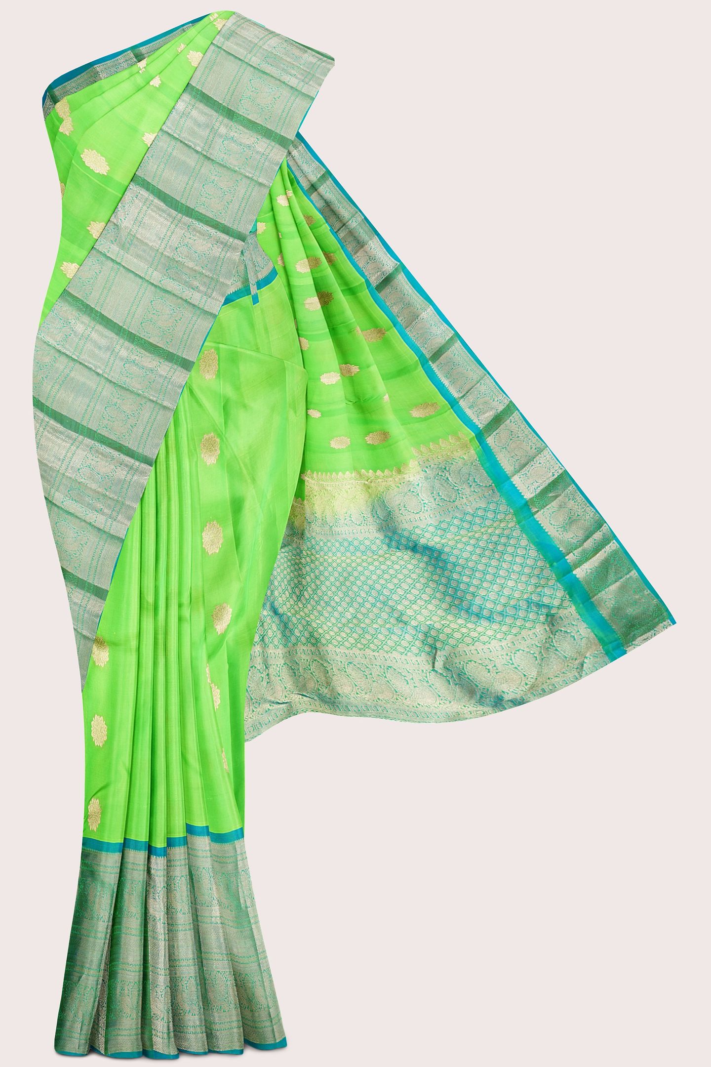 Light Weight Kanchi Pattu Neon Green With Coppersulphate Blue Saree