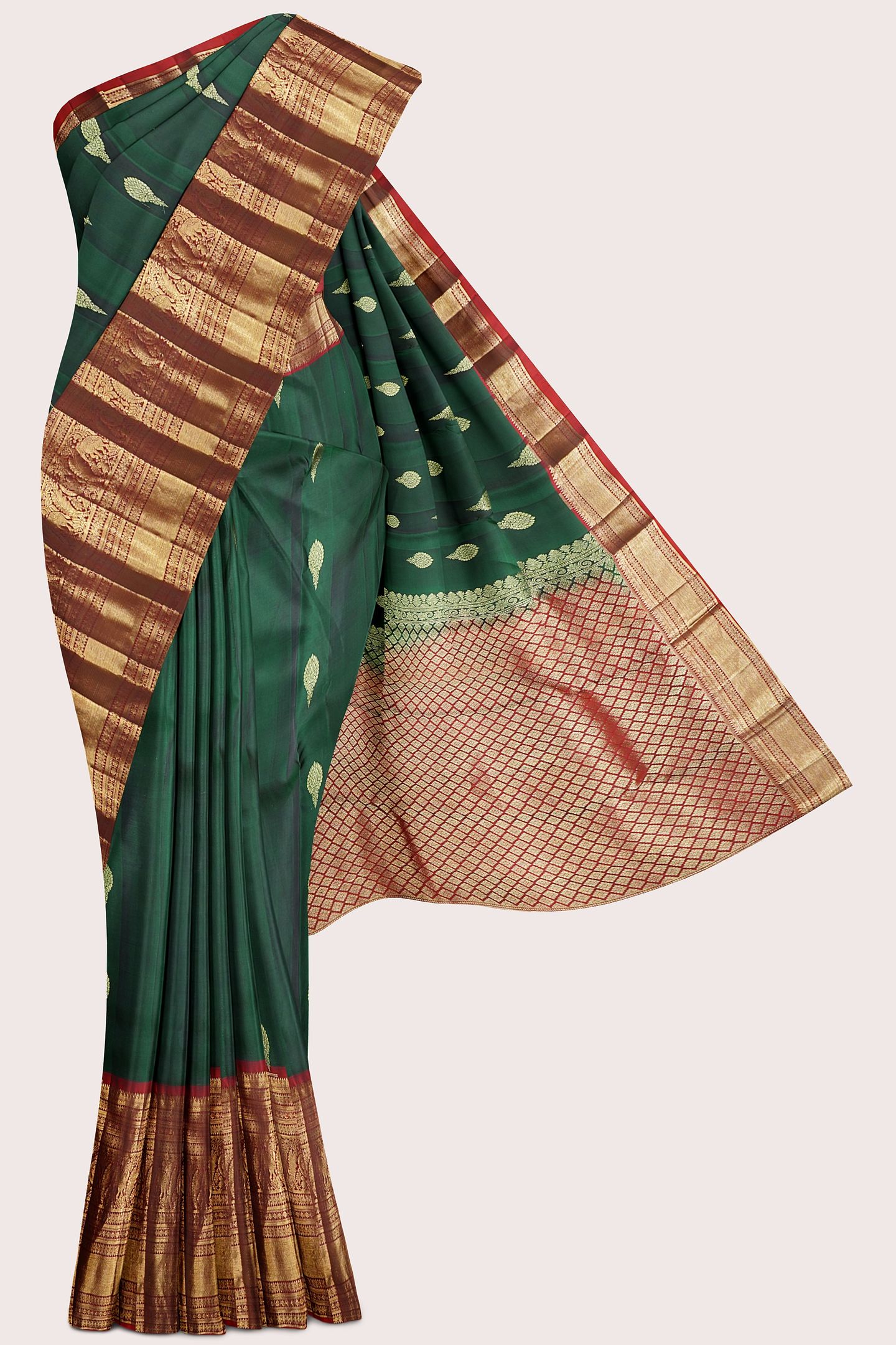 Light Weight Kanchi Pattu Dark Green With Red Saree