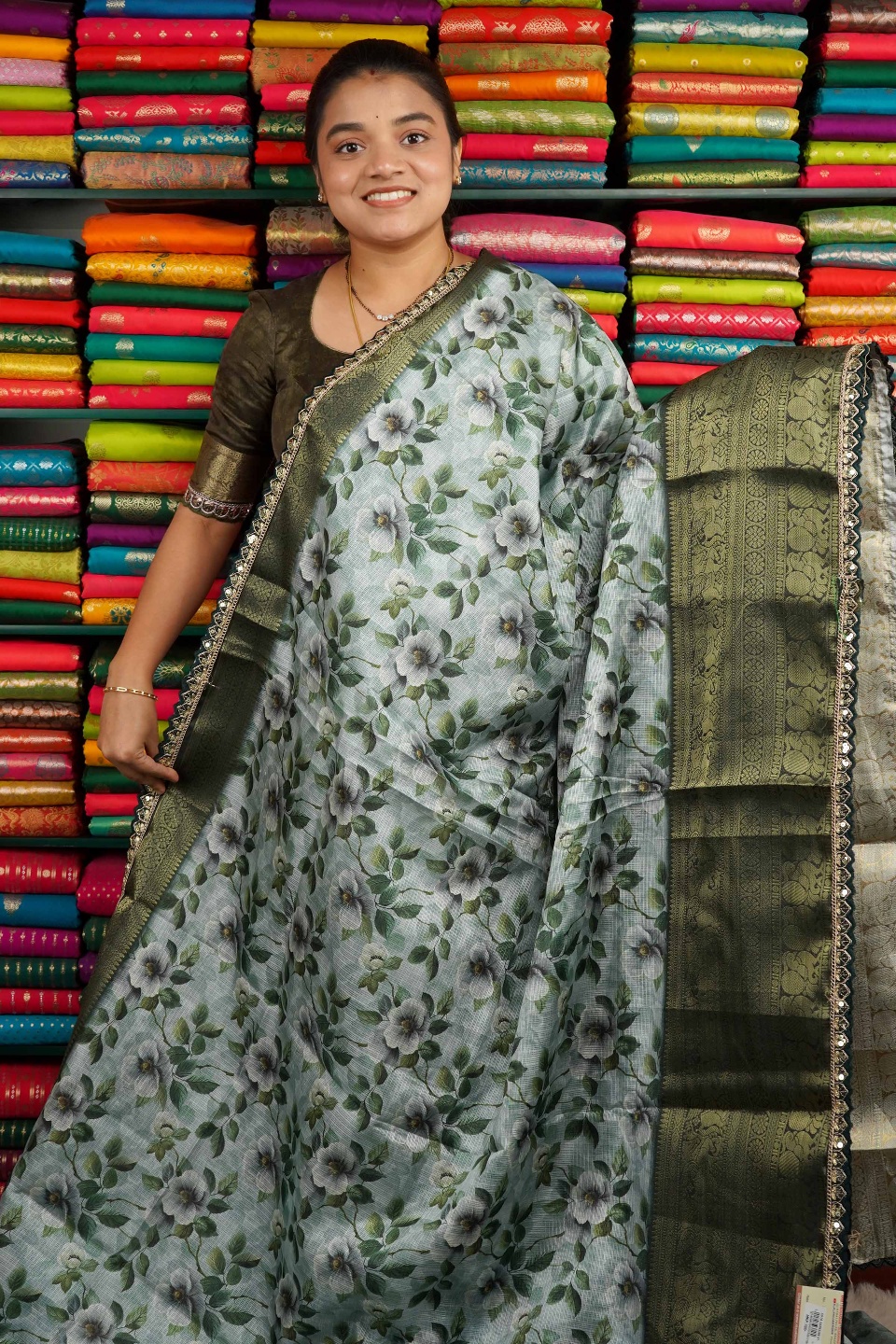 Kota Lace Border With Digital Print Green Saree