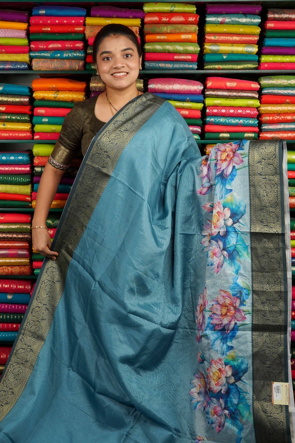 Kota Digital Print Peacock Blue Saree