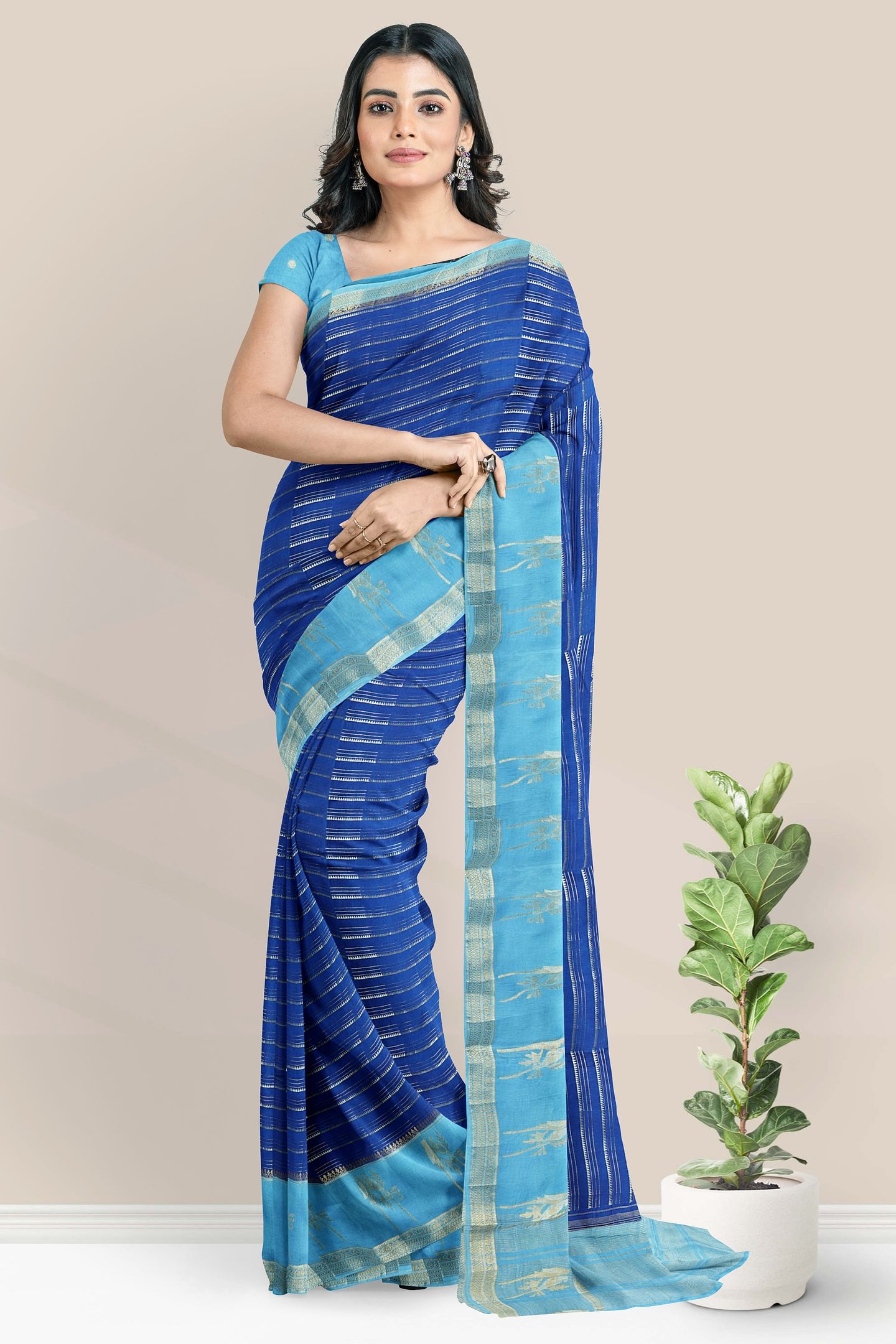 Banaras Georgette Gold Zari Weaving Lines Dark Blue With Teal Blue Saree