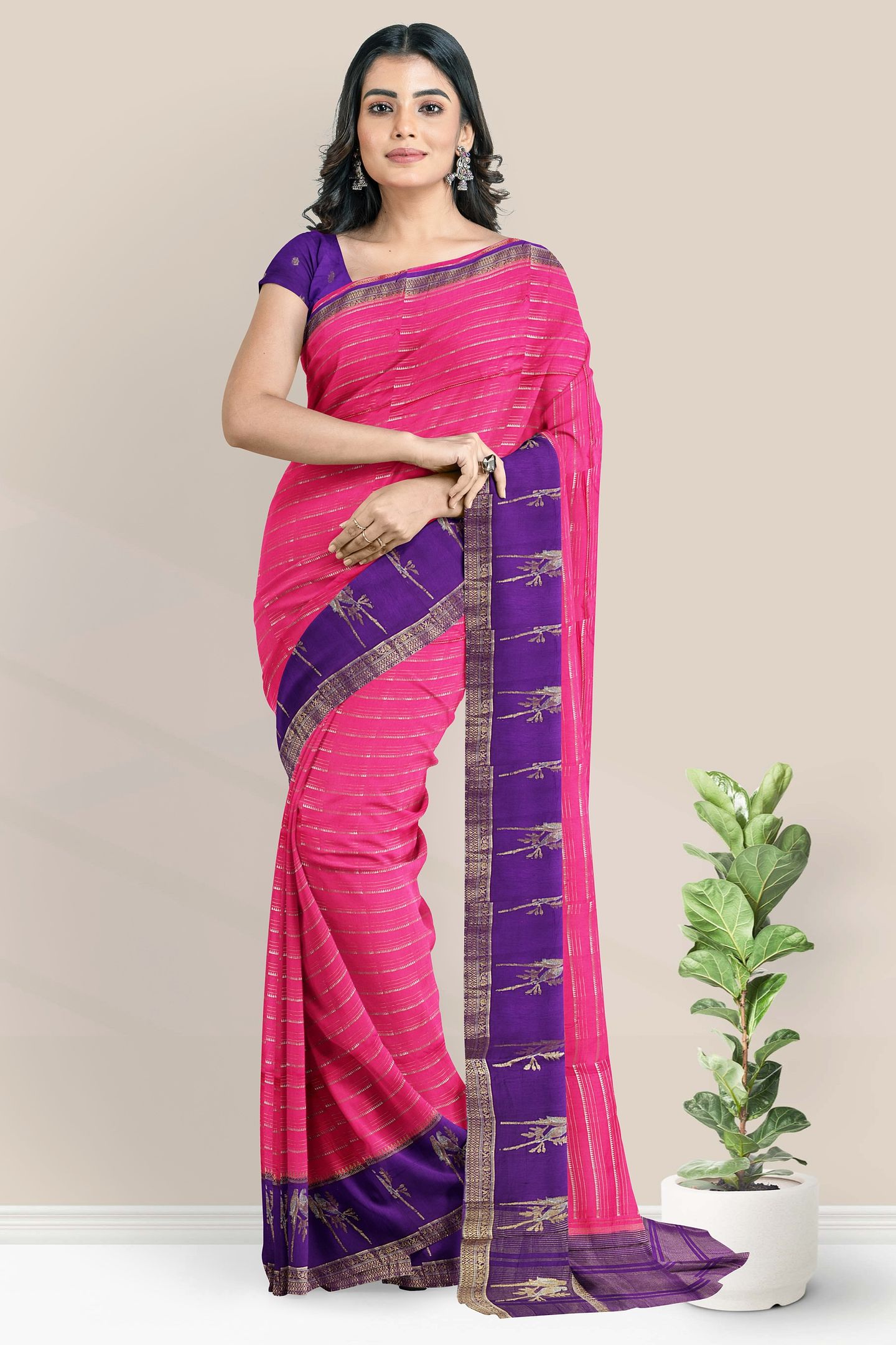 Banaras Georgette Gold Zari Weaving Lines Bright Pink With Purple Saree