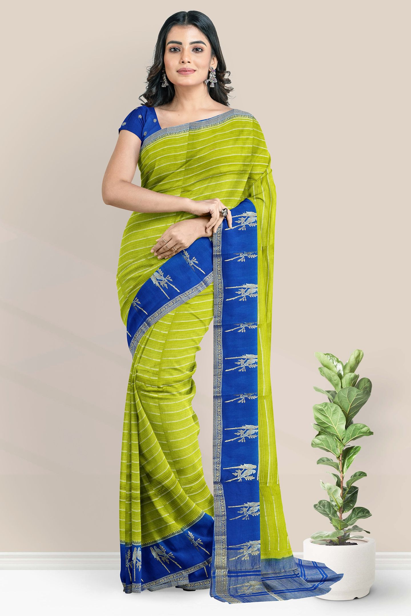 Banaras Georgette Gold Zari Weaving Lines Mehandi Green With Blue Saree