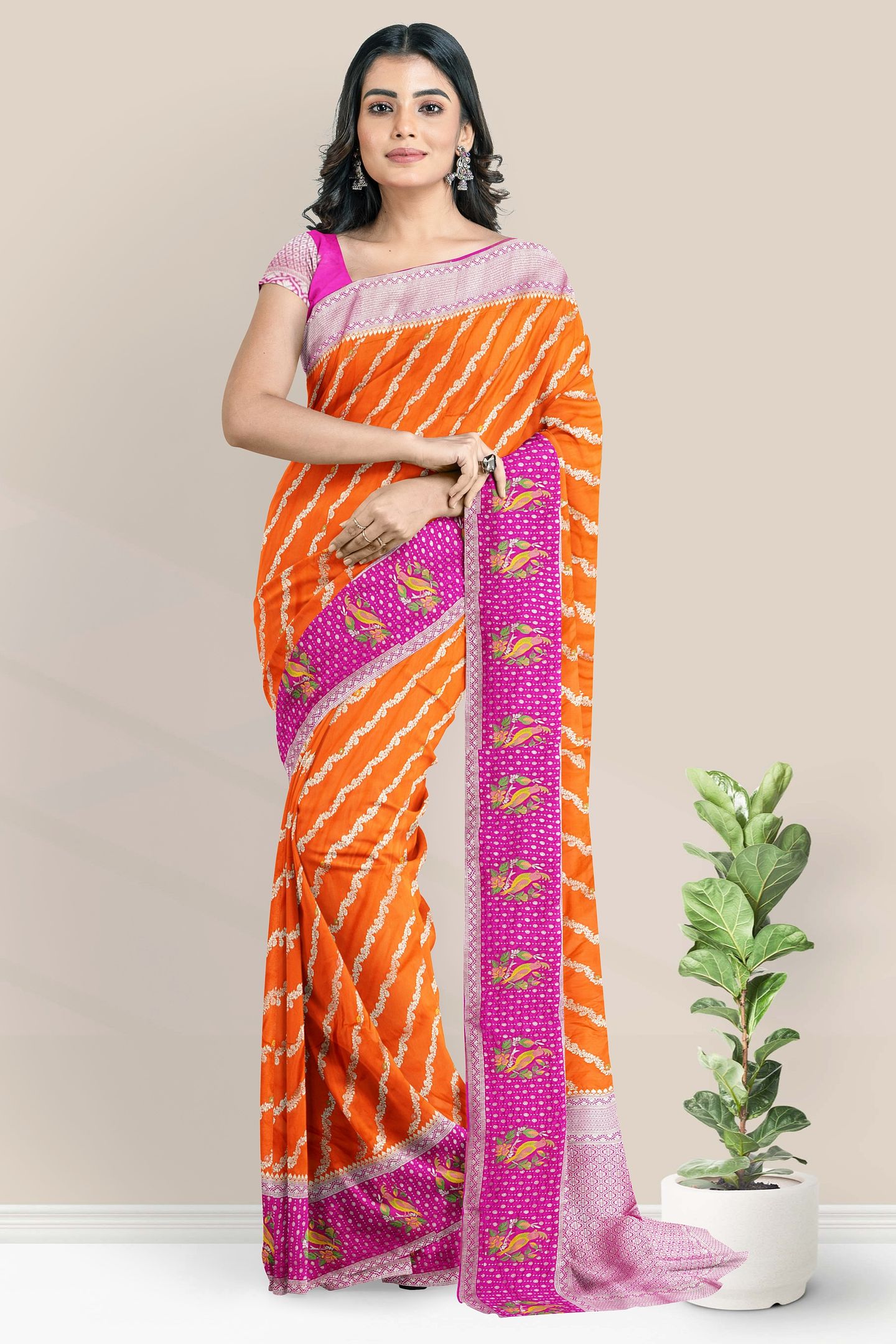 Banaras Chinon Crepe Lahariya Design Orange With Pink Saree