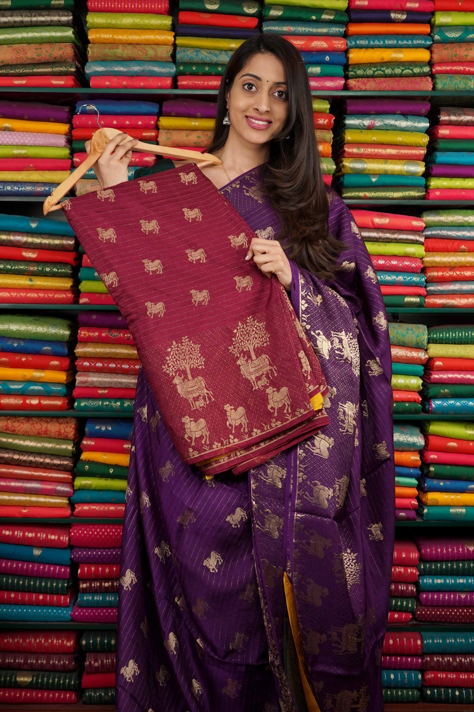 Mashru Silk Cow Zari Maroon And Yellow Saree