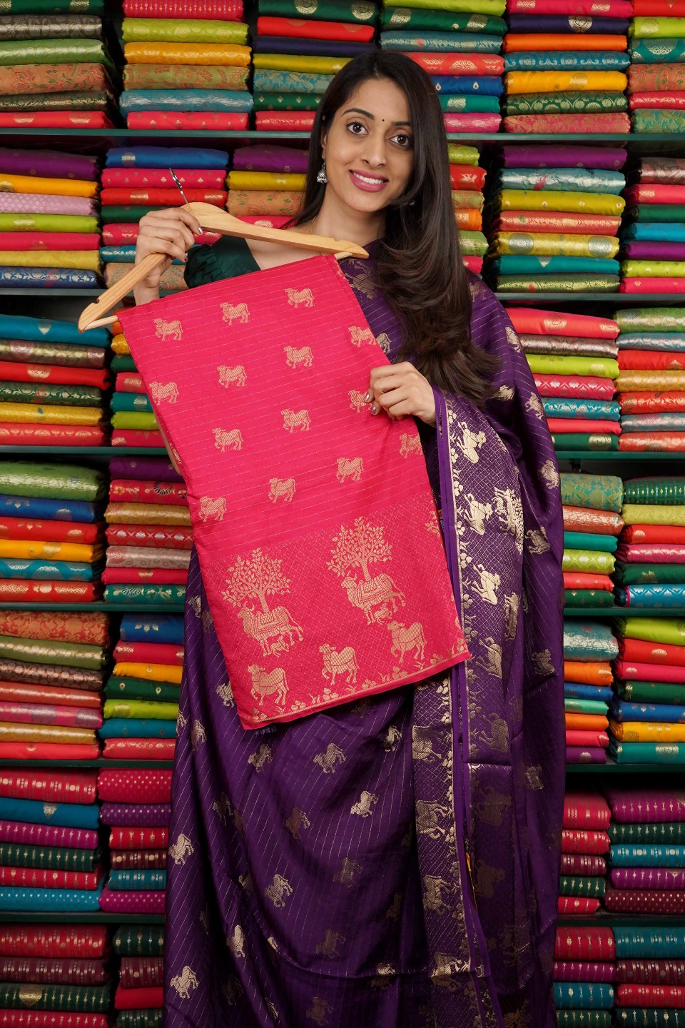 Mashru Silk Cow Zari Pink And Navy Blue Saree