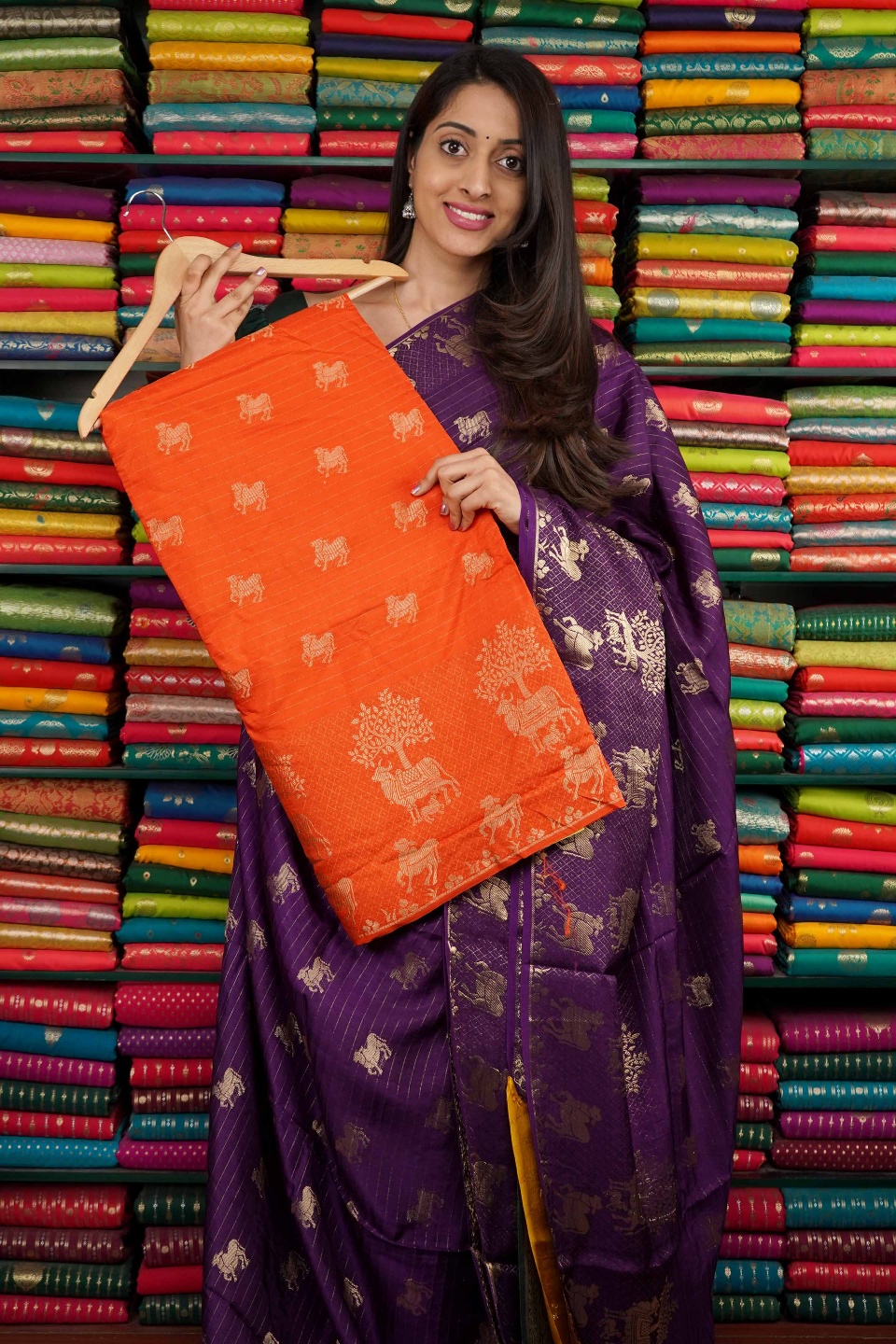 Mashru Silk Cow Zari Orange And Maroon Saree