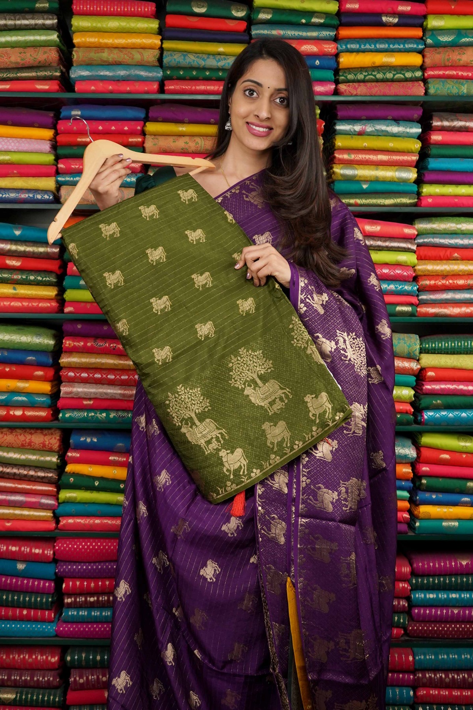 Mashru Silk Cow Zari Green And Red Saree