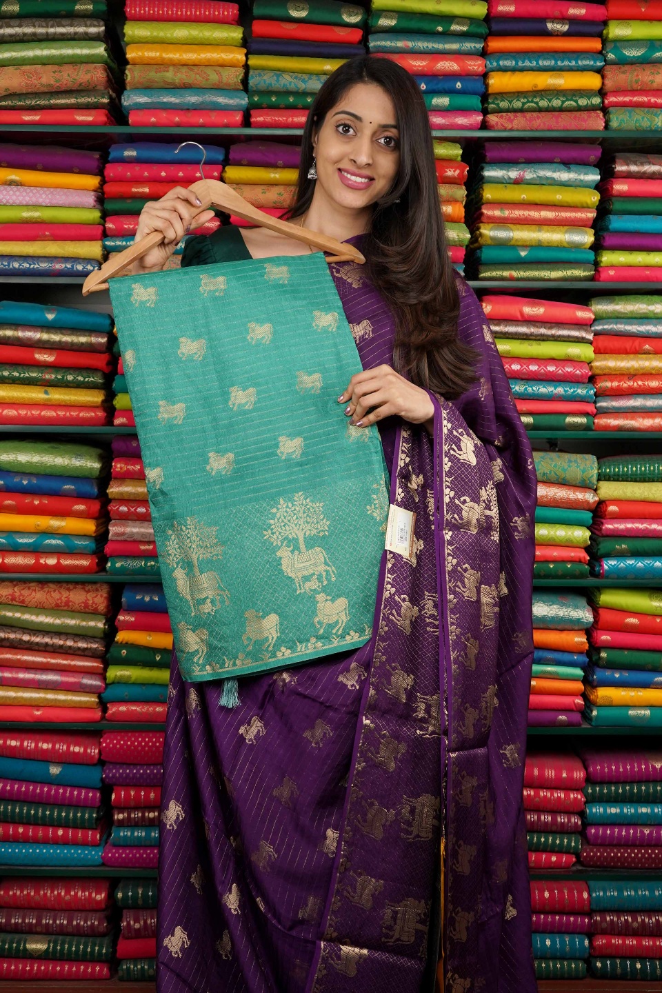 Mashru Silk Cow Zari Teal Green And Navy Blue Saree