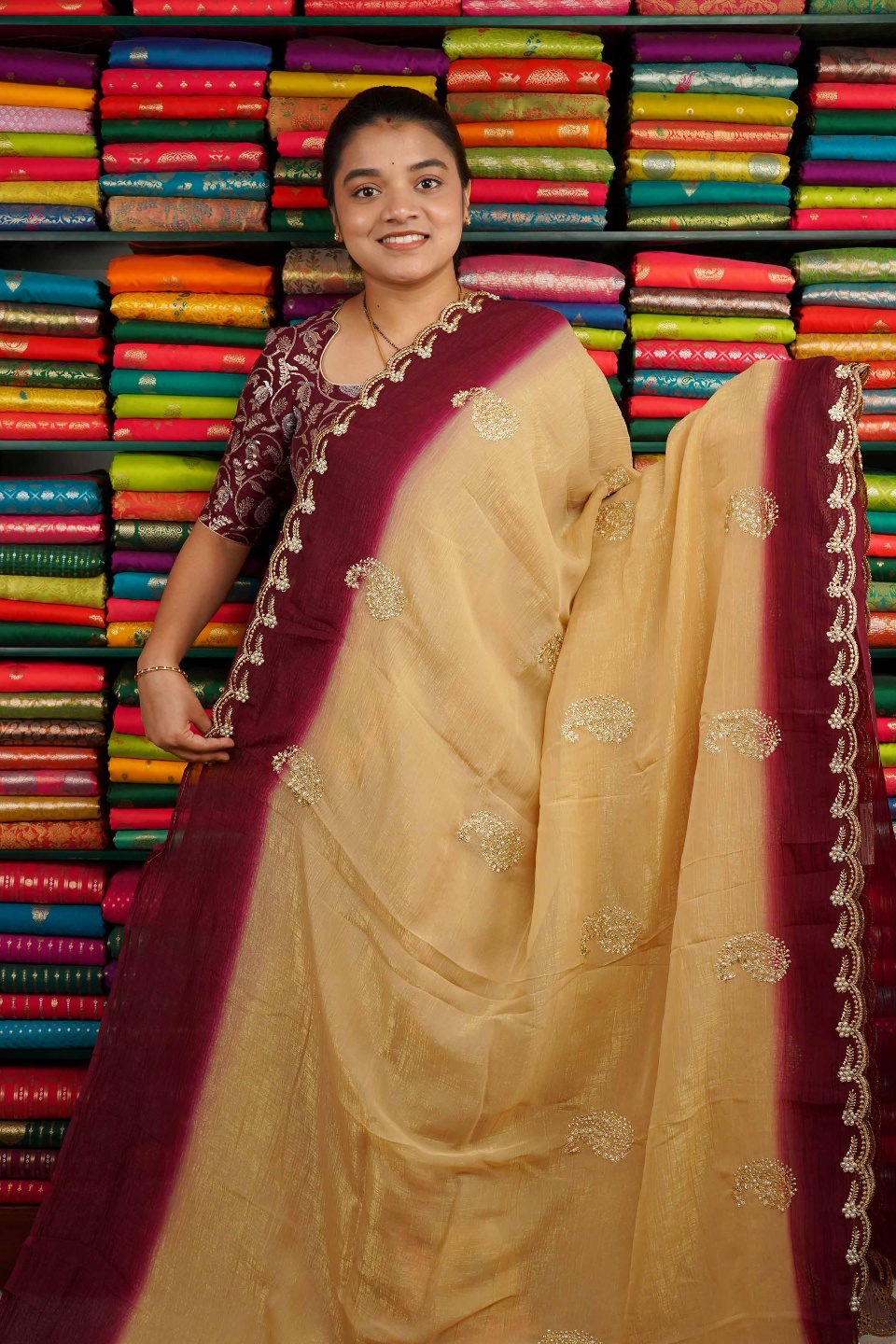 Soft Glass Chiffon Scallop Border Dark Cream And Maroon Saree