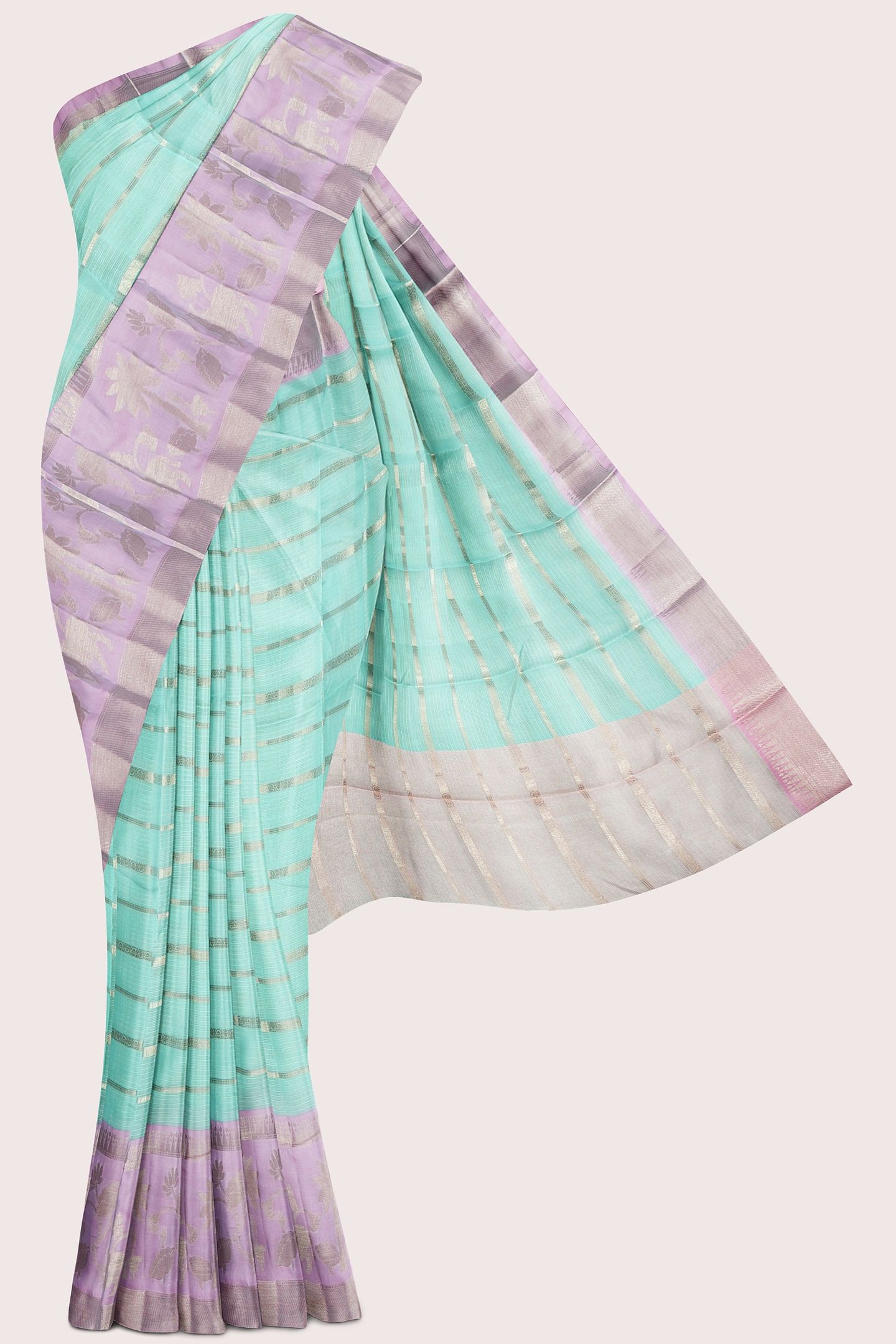 Silk Kota Gold Zari Brocade Lines Sea Green With Pink Saree