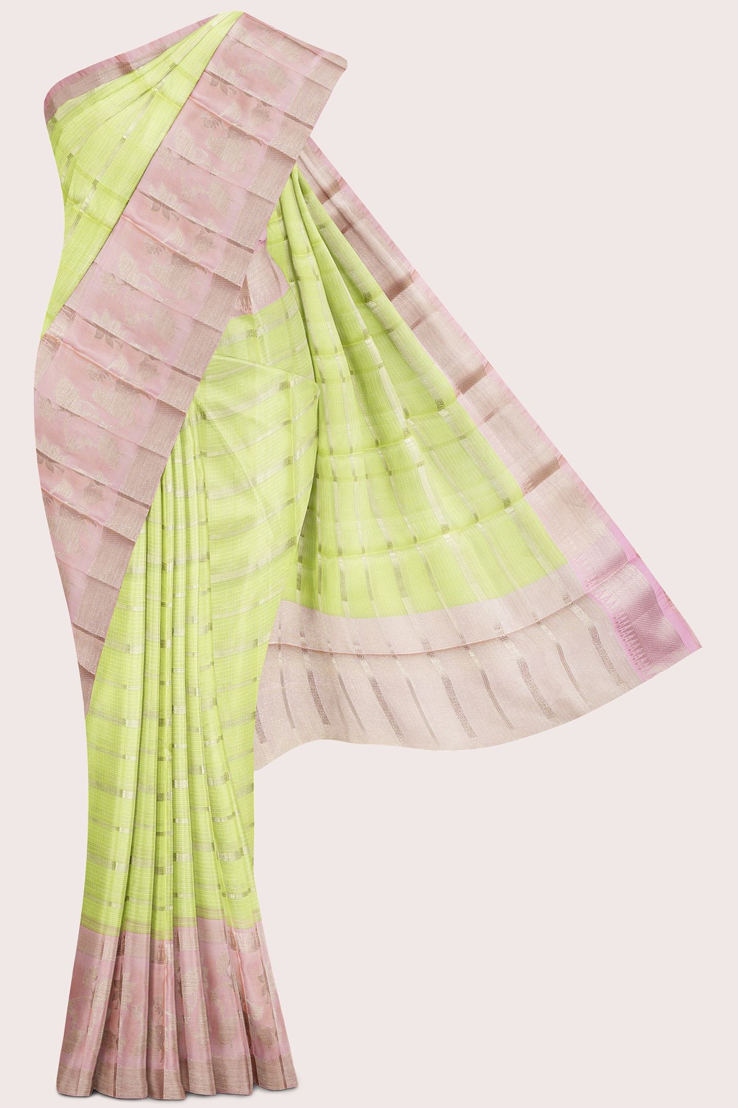 Silk Kota Gold Zari Brocade Lines Parrot Green With Pink Saree