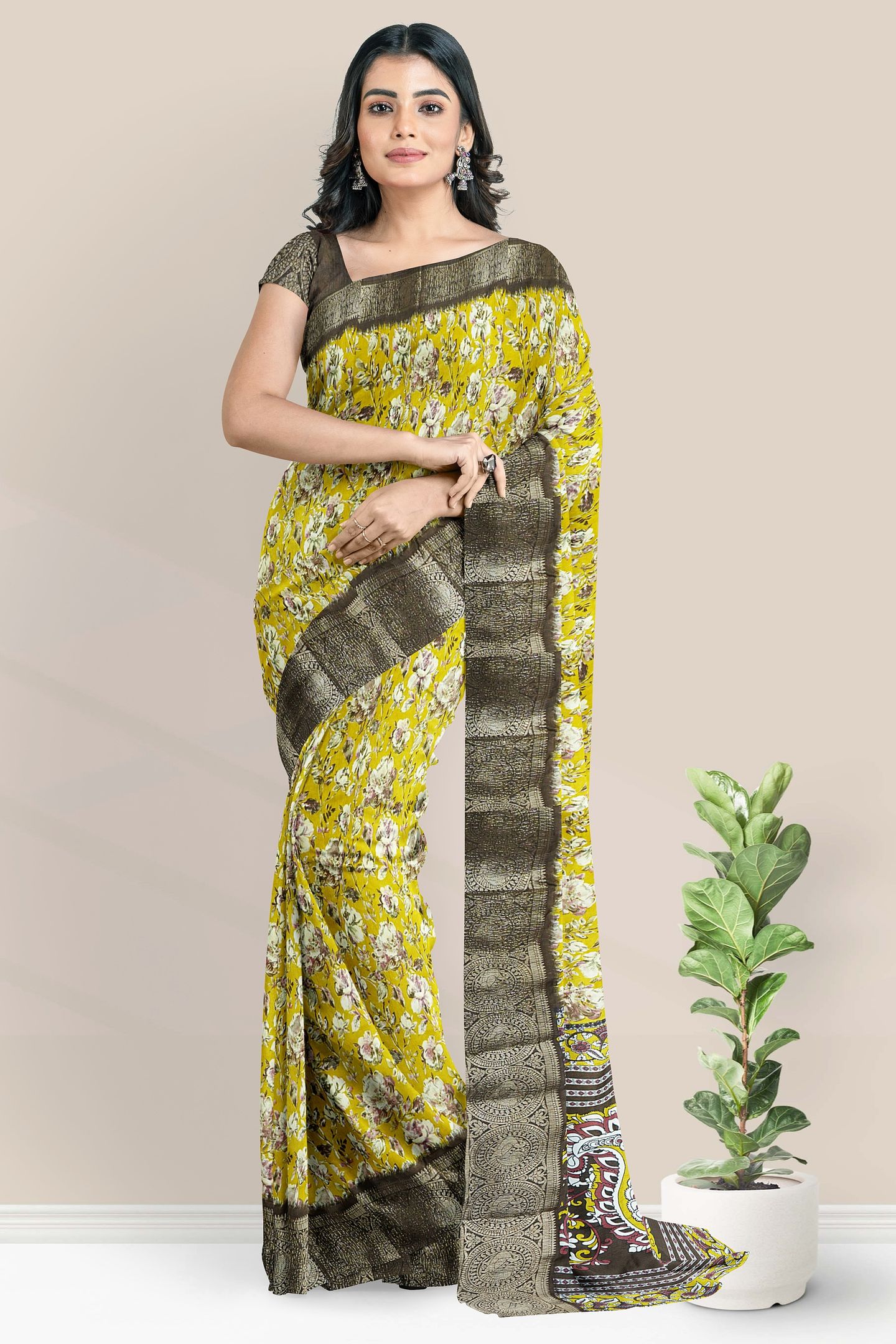 Soft Crushed Silk Floral Digital Print Yellow With Chocolate Brown Saree