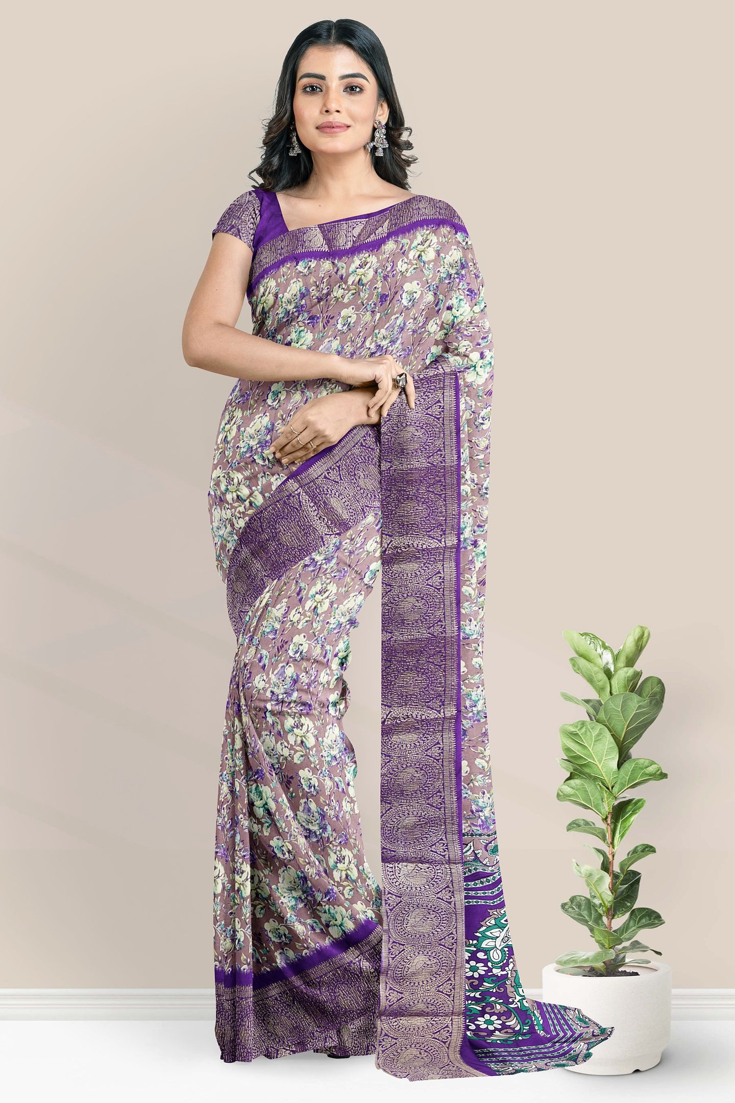 Soft Crushed Silk Floral Digital Print Light Magenta Pink With Purple Saree