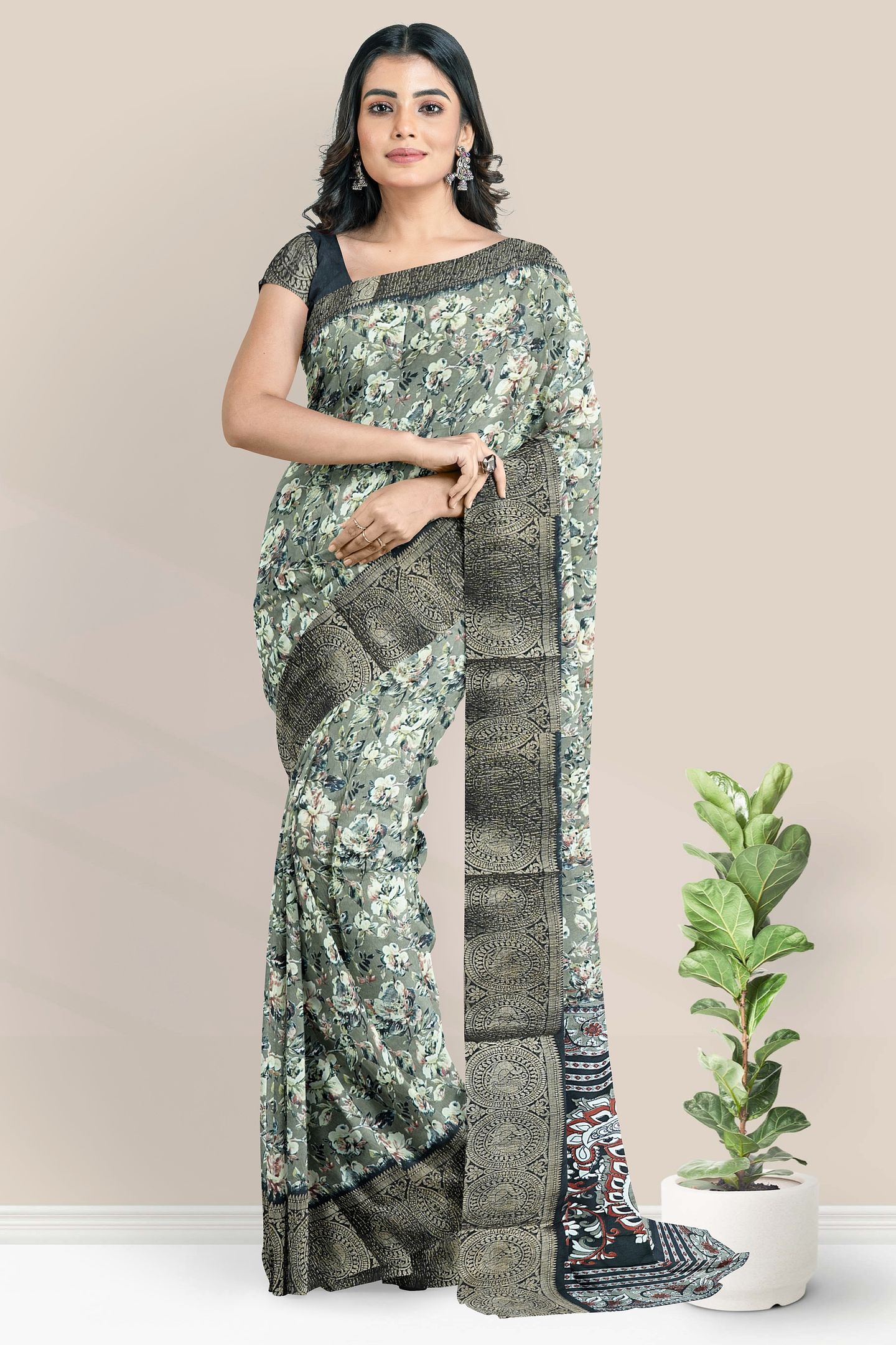 Soft Crushed Silk Floral Digital Print Ash With Black Saree