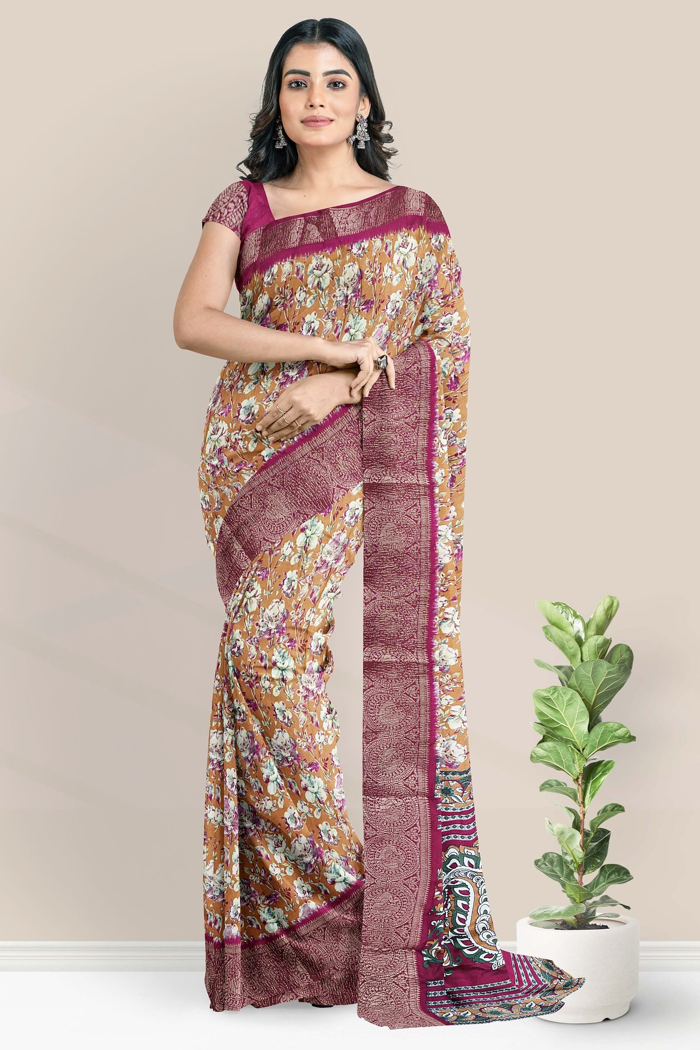 Soft Crushed Silk Floral Digital Print Brick Red With Pink Saree