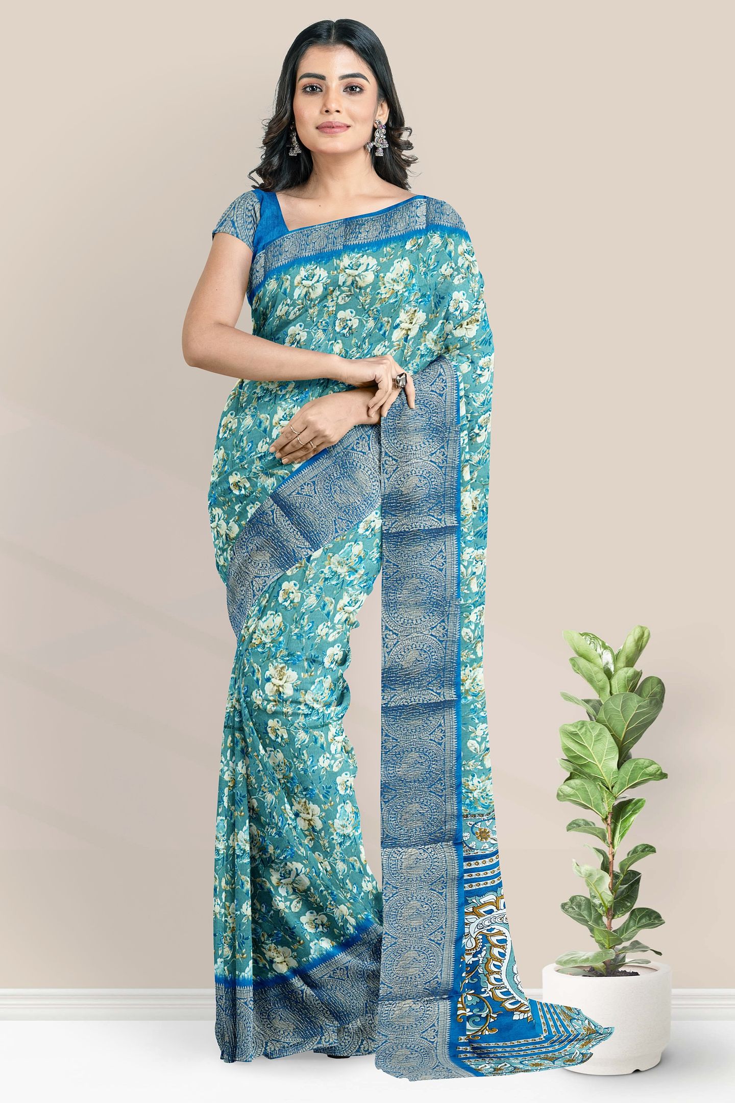 Soft Crushed Silk Floral Digital Print Teal Green With Blue Saree
