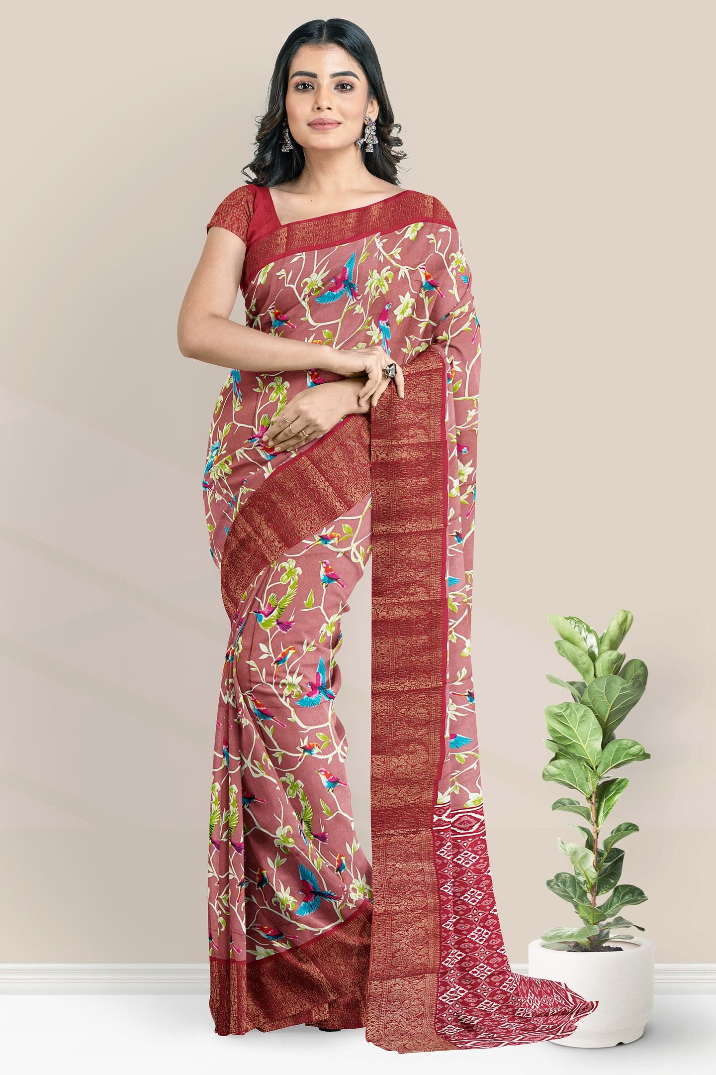 Soft Crushed Silk Floral And Brids Design Peach Pink With Pink Saree