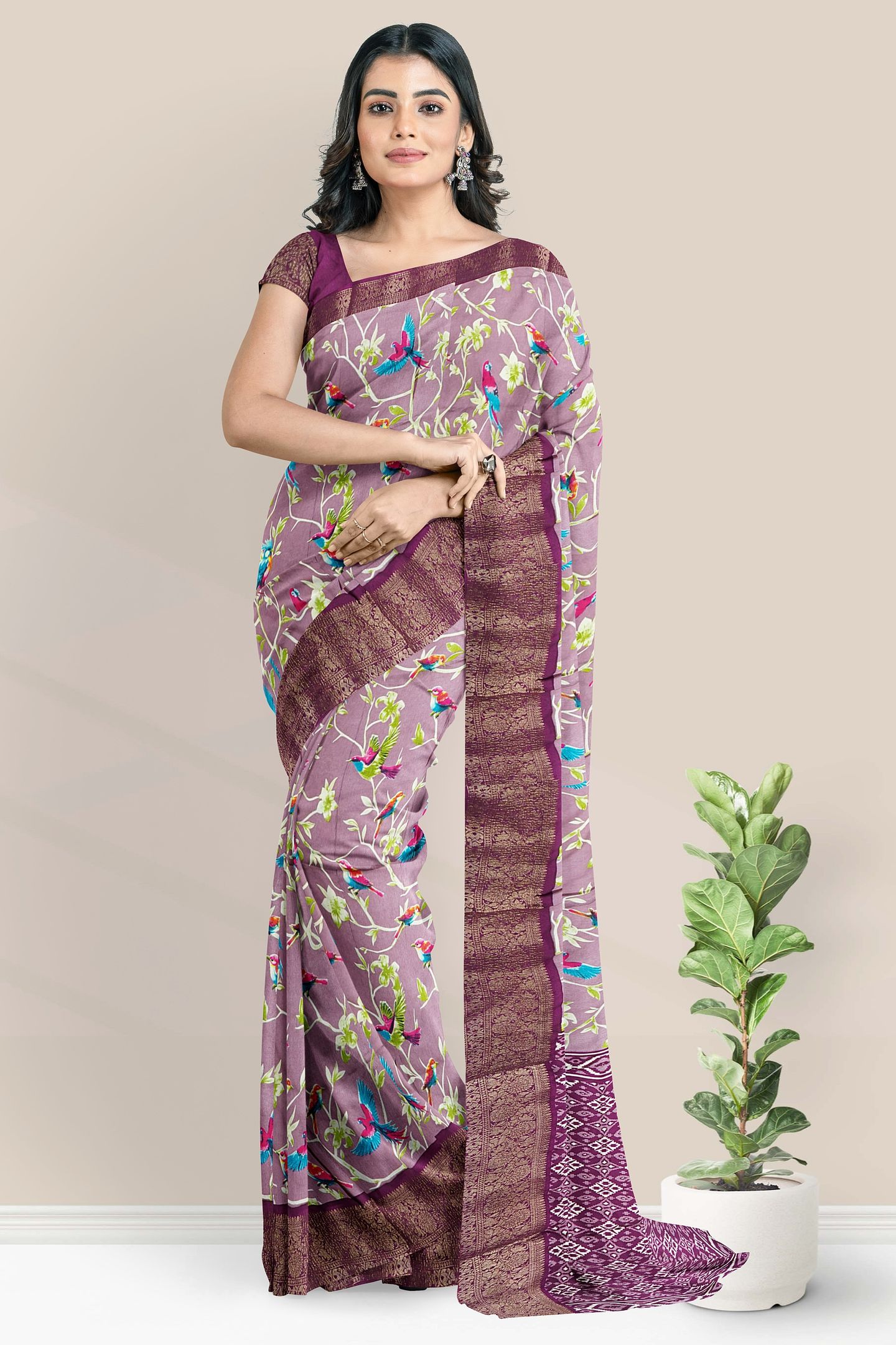 Soft Crushed Silk Floral And Brids Design Magenta Pink With Pink Saree