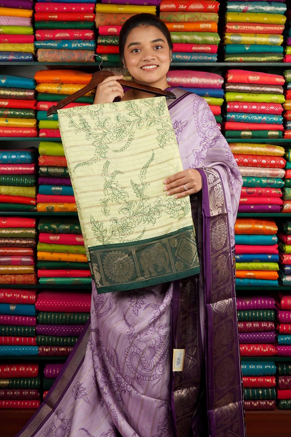 Soft Silk Zari Lines With Print Light And Dark Green Saree