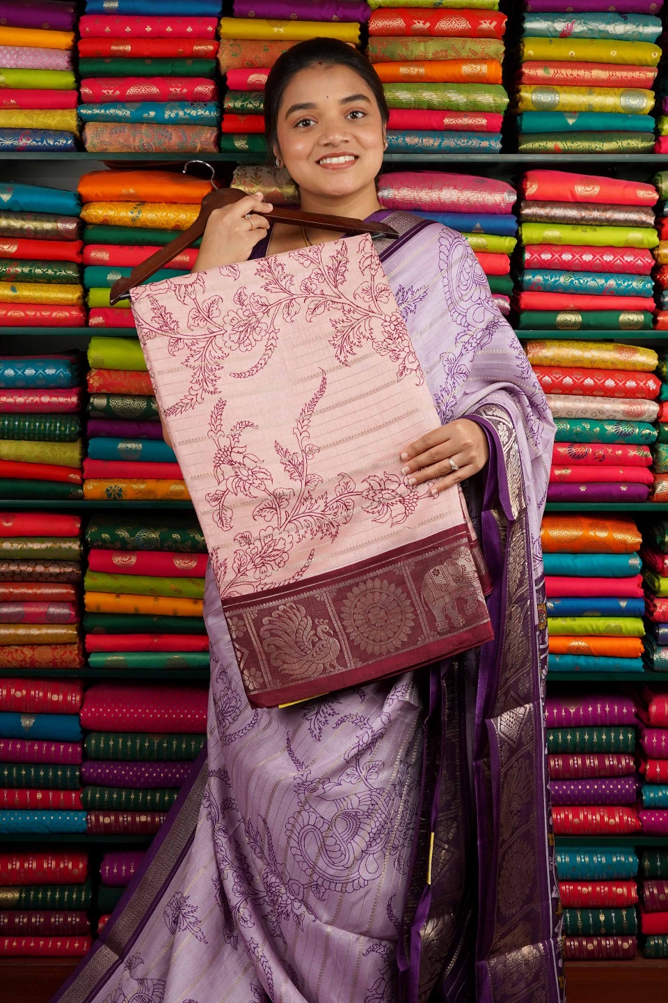 Soft Silk Zari Lines With Print Light Peach And Brownish Maroon Saree