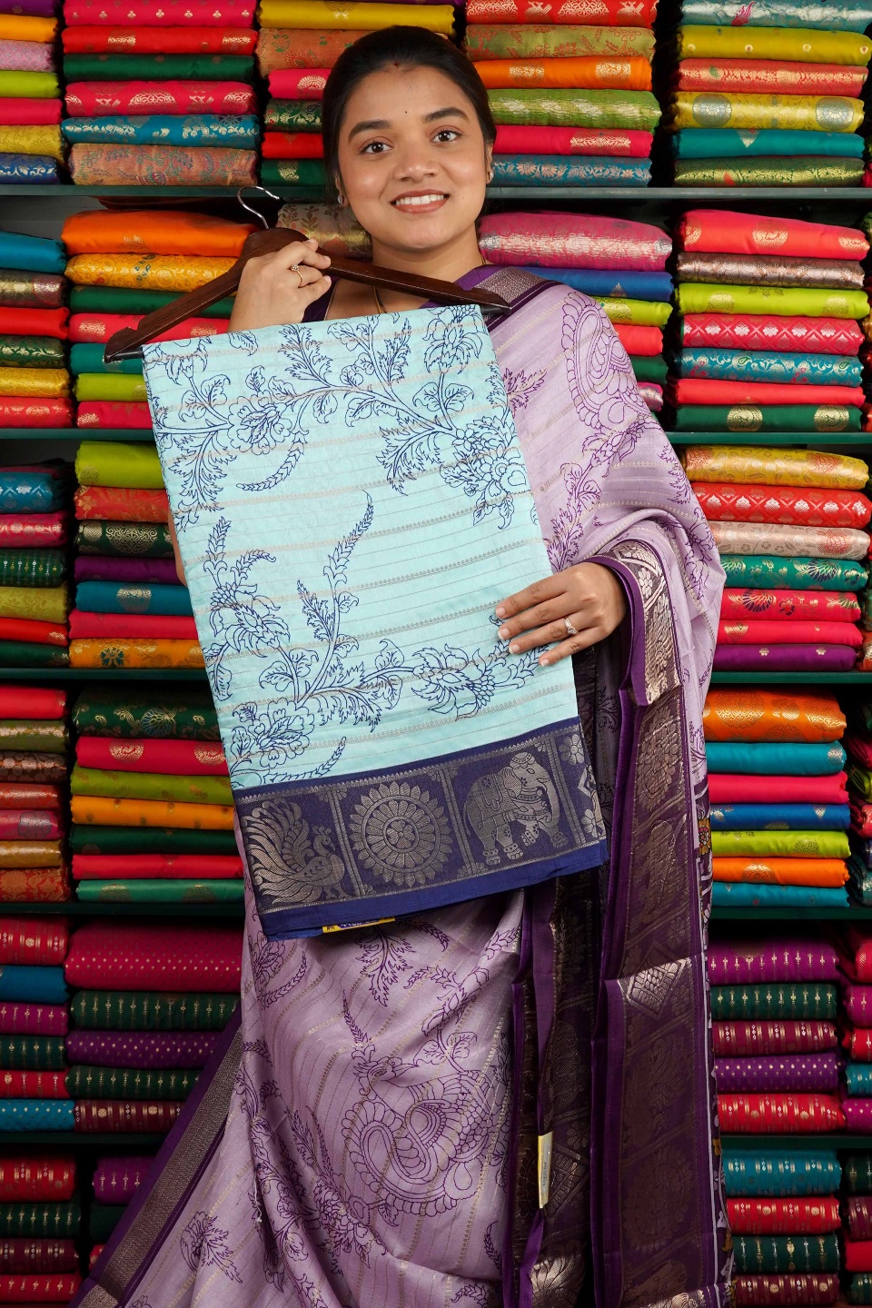 Soft Silk Zari Lines With Print Sea Blue And Navy Blue Saree