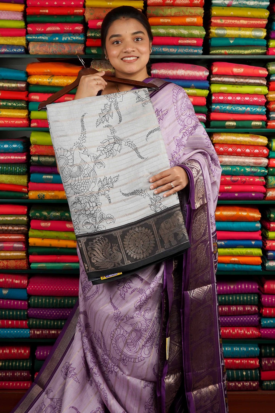 Soft Silk Zari Lines With Print Gray And Black Saree