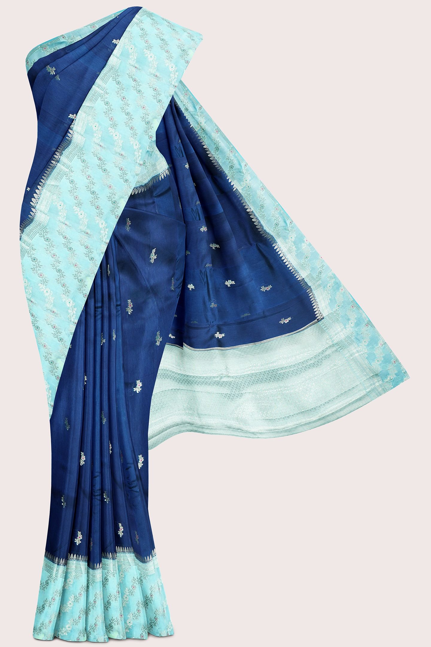 Raw Mango Silk Meena Work Butti Peacock Blue With Sky Blue Saree