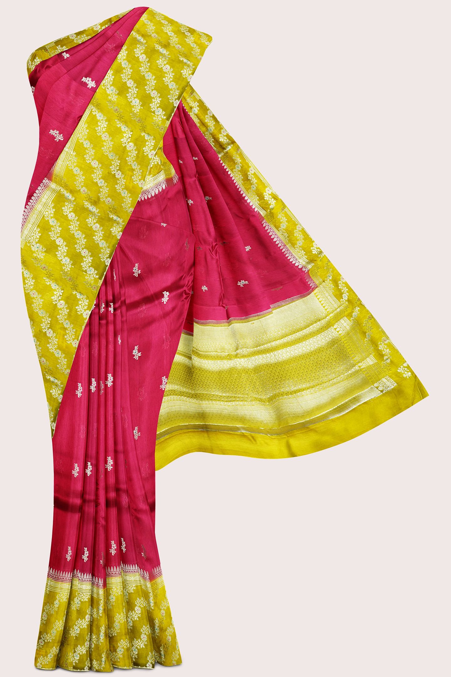 Raw Mango Silk Meena Work Butti Bright Pink With Golden Yellow Saree