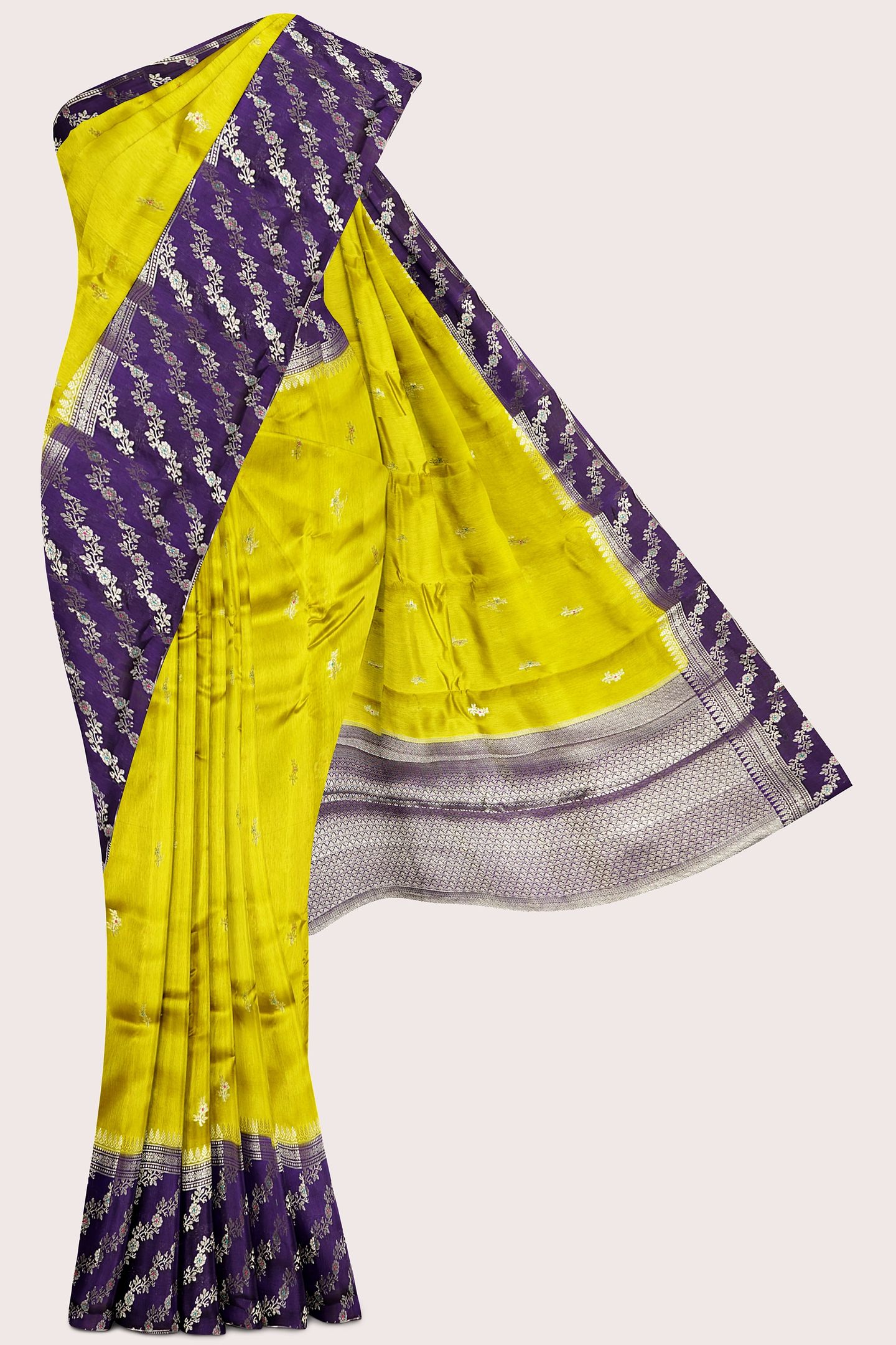 Raw Mango Silk Meena Work Butti Golden Yellow With Purple Saree