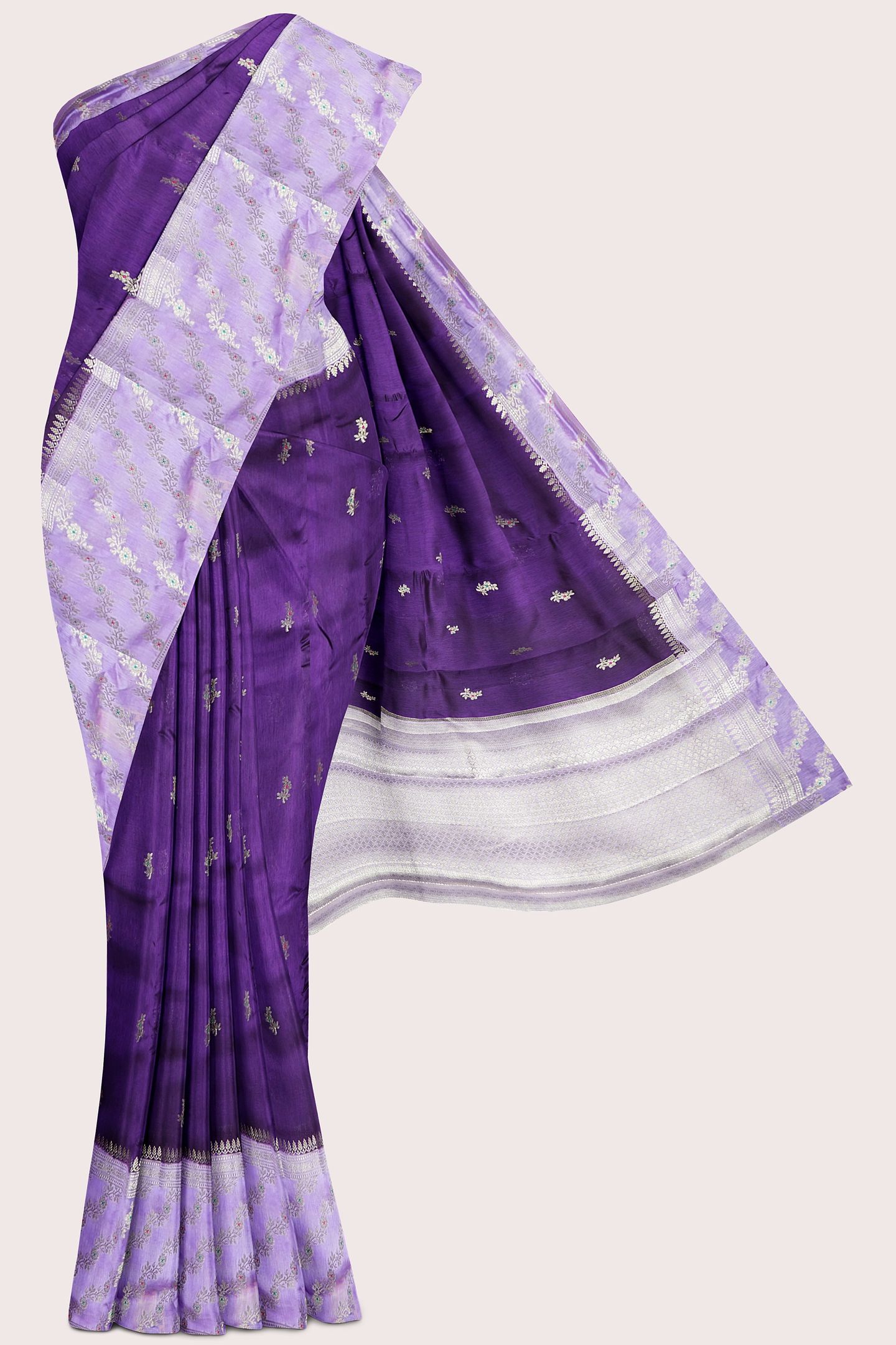 Raw Mango Silk Meena Work Butti Dark Purple With  Light Lavender Saree