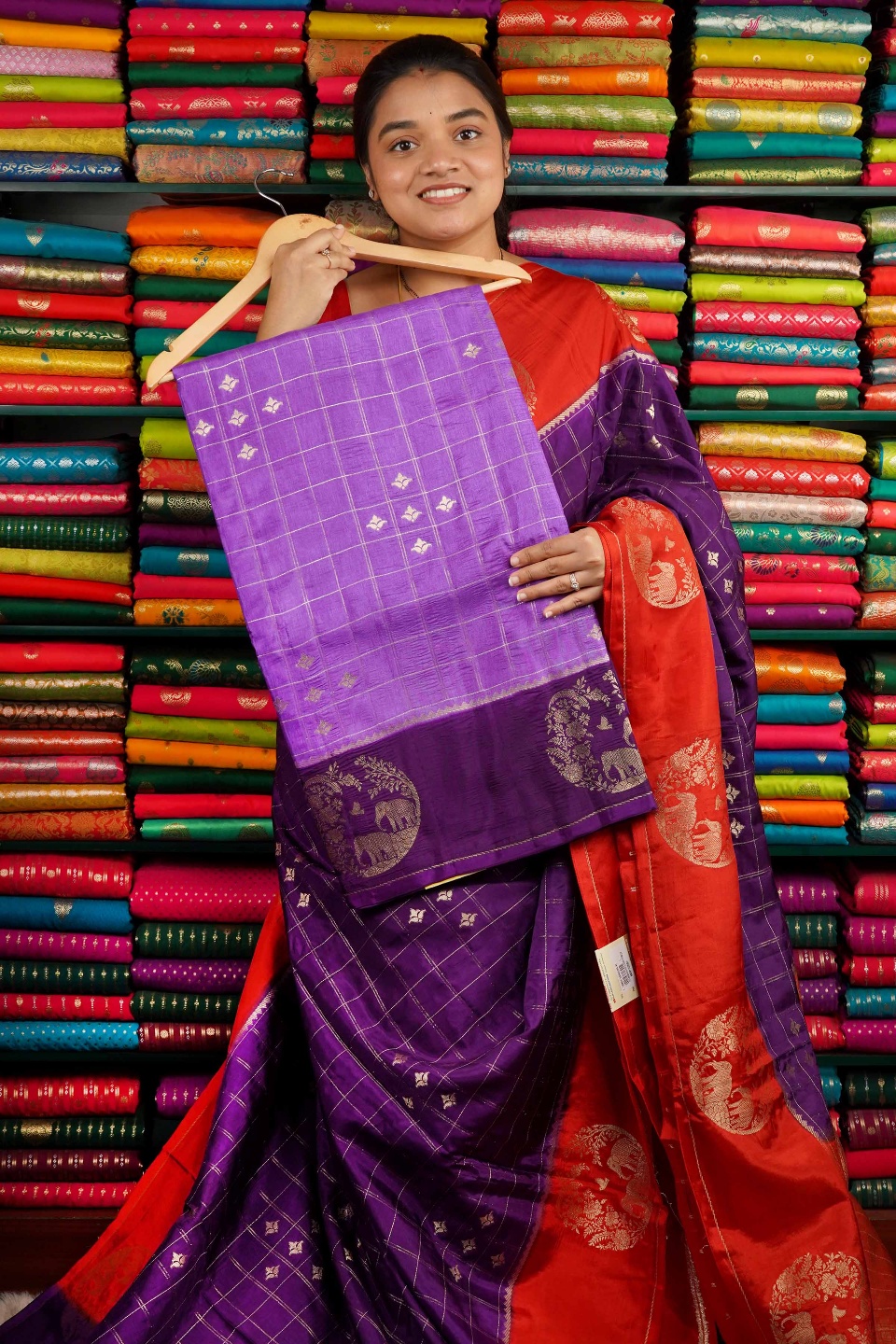Soft Katan Silk Checks With Circle Border Dark Lavendar And Dark Purple Saree