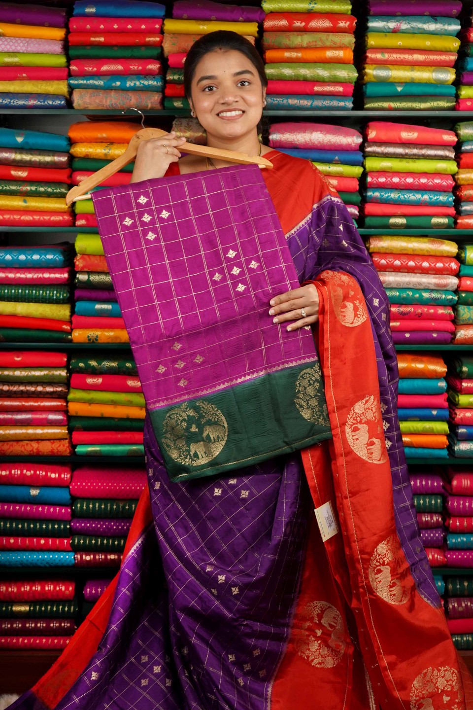 Soft Katan Silk Checks With Circle Border Dark Magenta And Dark Green Saree