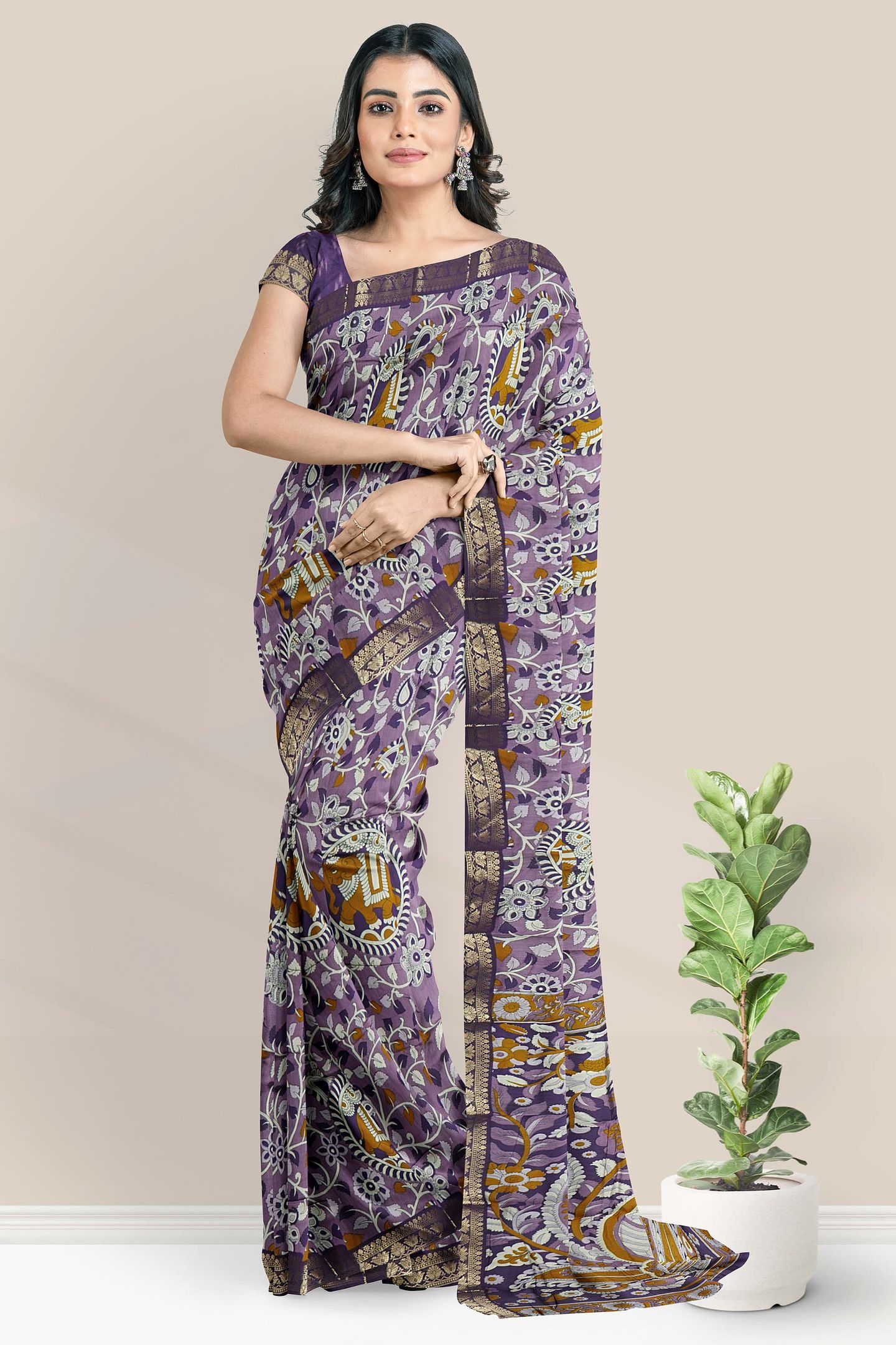 Cotton And Silk Kalamkari Print Lavender With Purple Saree